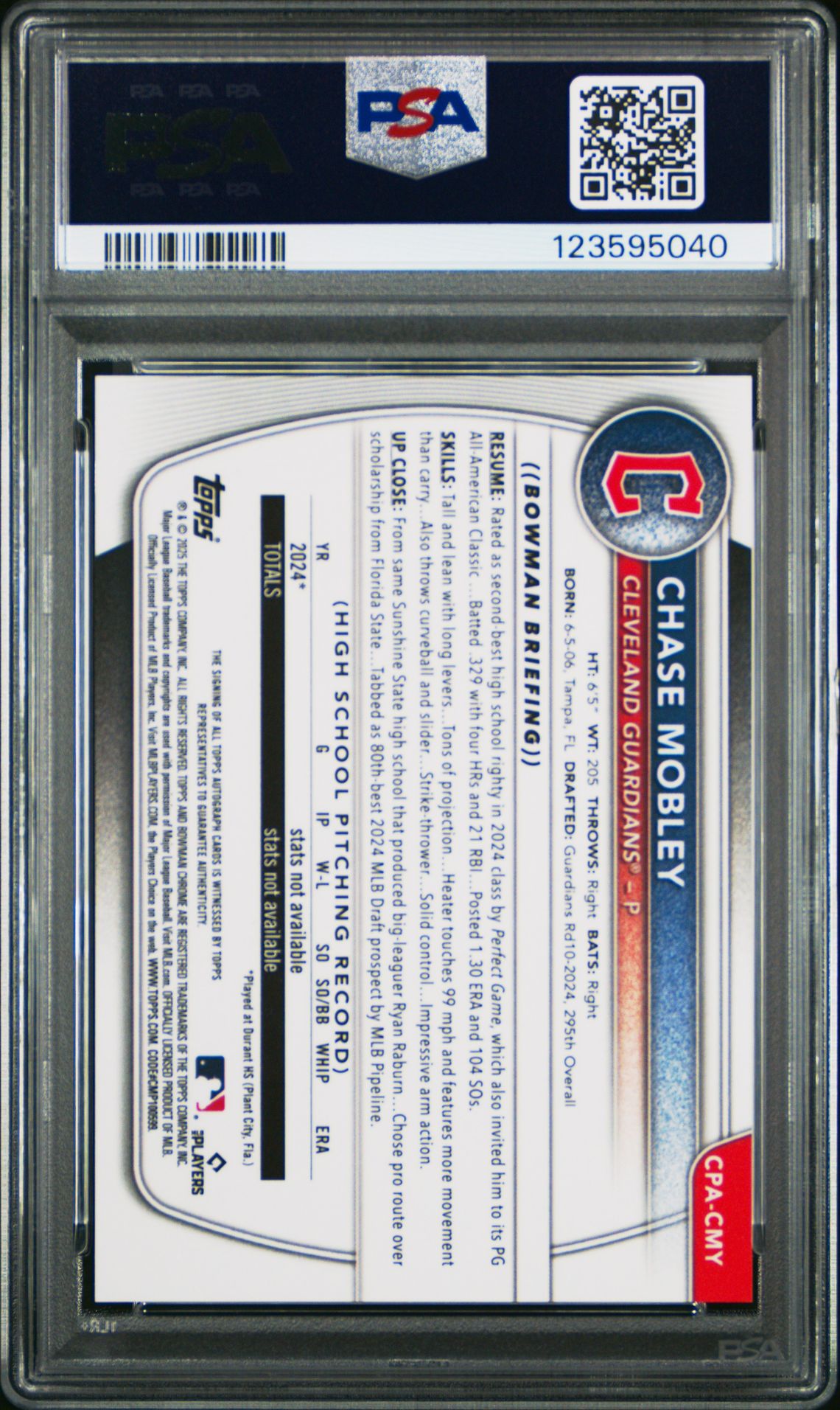 2025 Bowman Chrome Prospect Autographs Chase Mobley #Cpacmy Mint 9 back