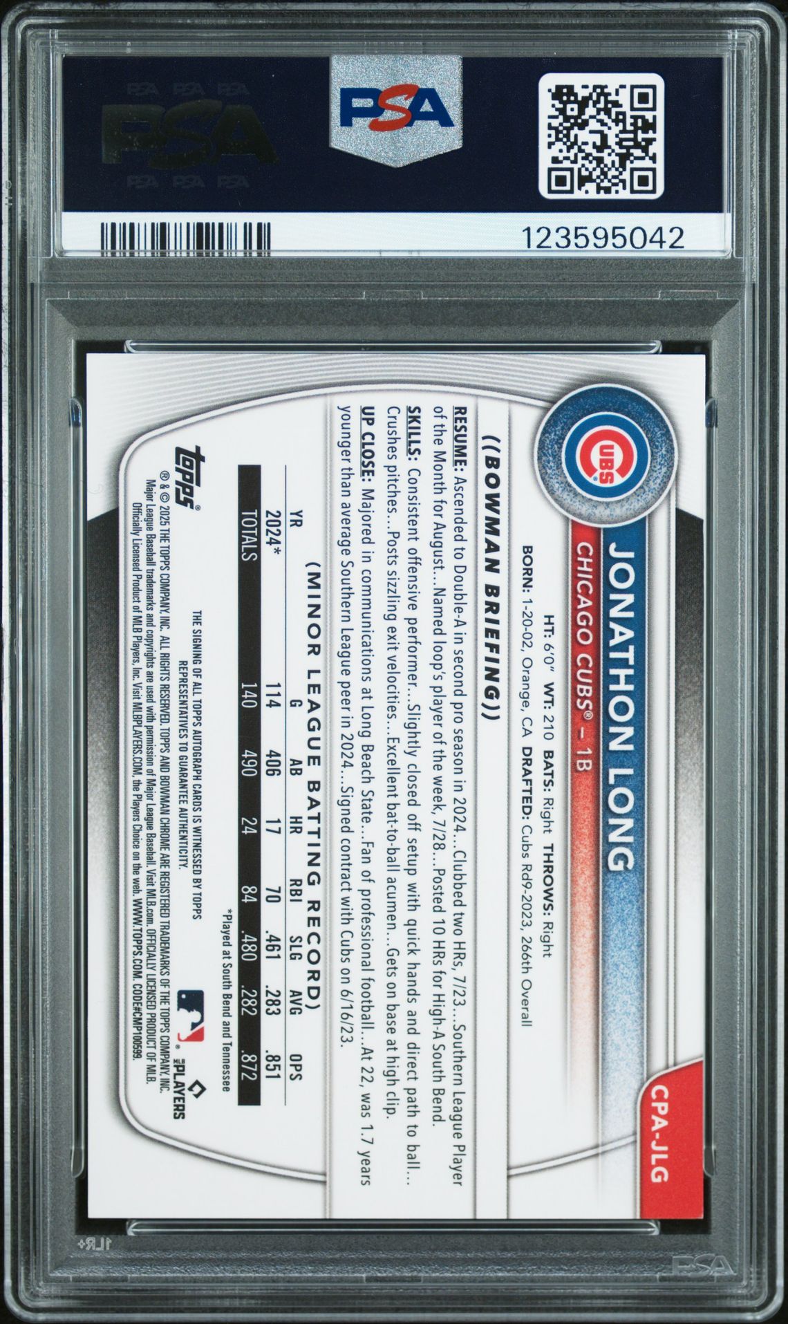 2025 Bowman Chrome Prospect Autographs Jonathon Long #Cpajlg Mint 9 back