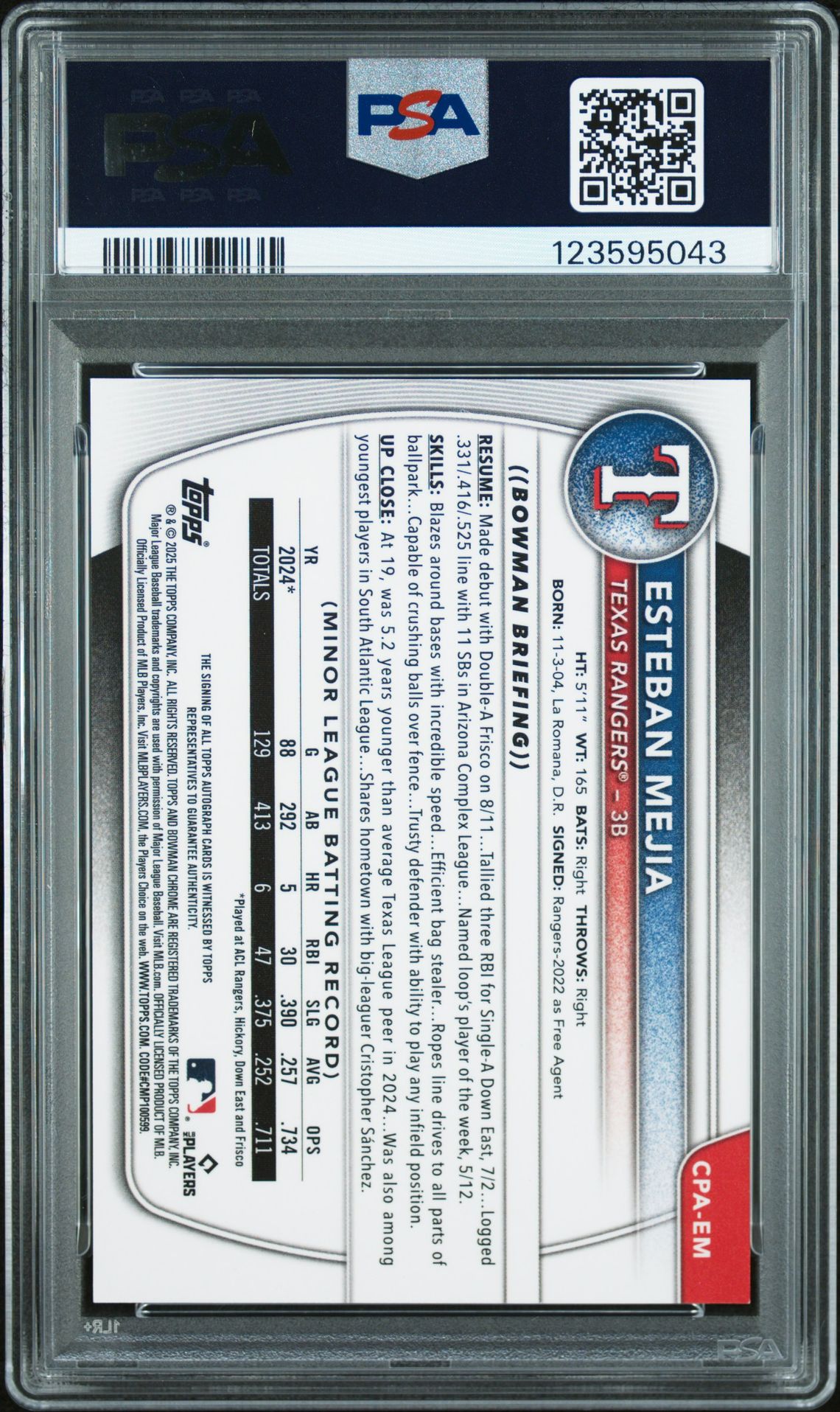 2025 Bowman Chrome Prospect Autographs Esteban Mejia #Cpaem Mint 9 back