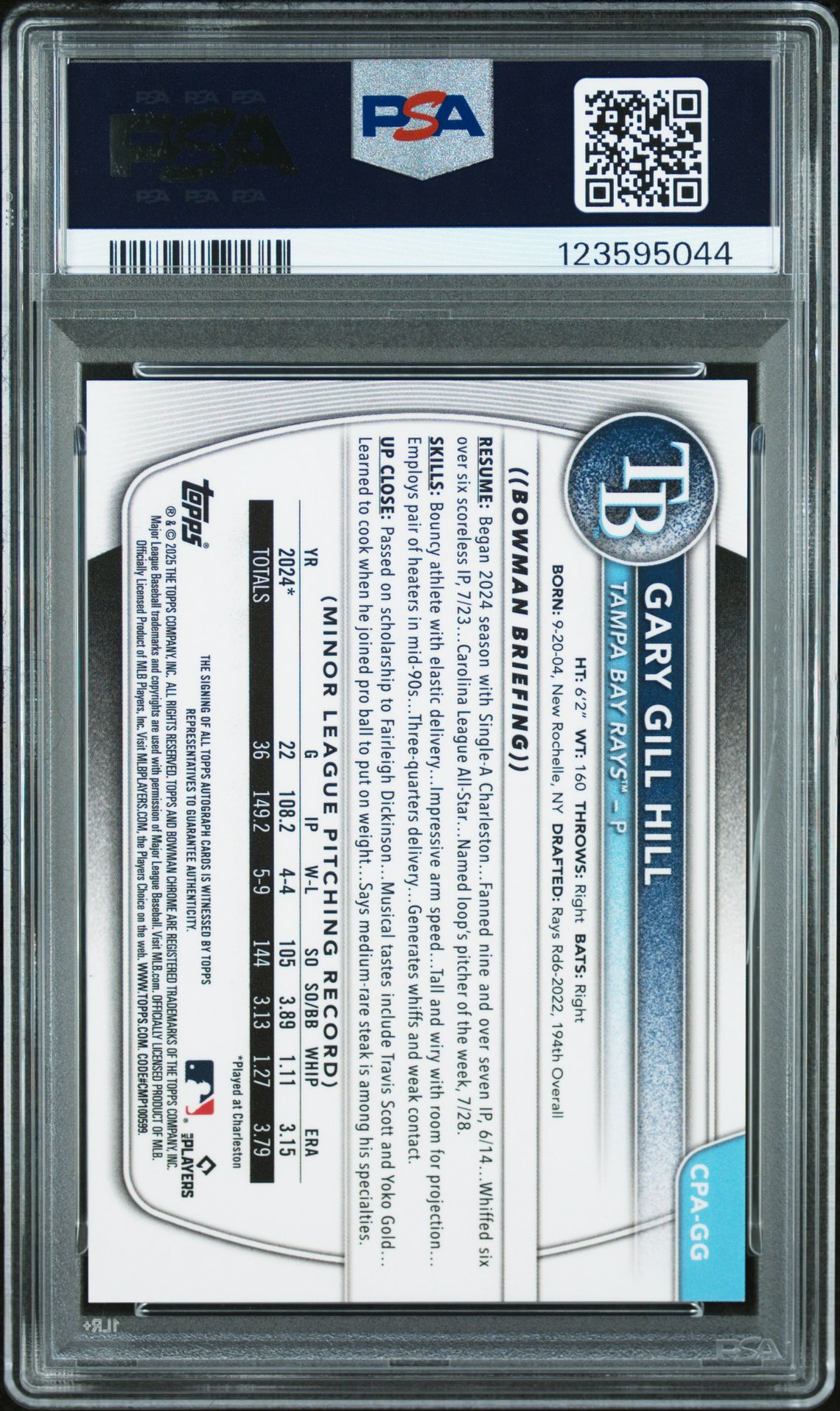 2025 Bowman Chrome Prospect Autographs Gary Gill Hill #Cpagg Mint 9 back