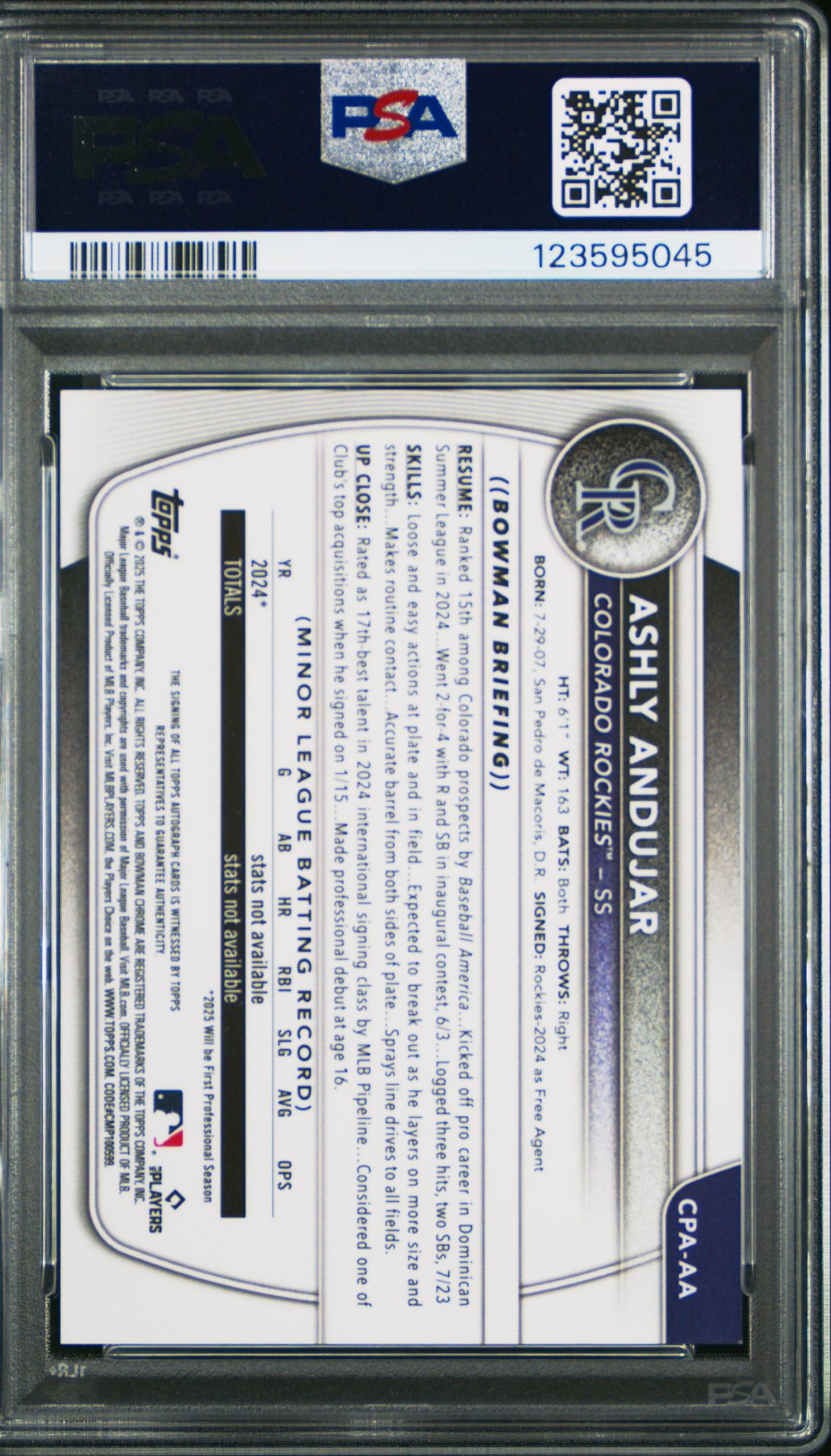 2025 Bowman Chrome Prospect Autographs Ashly Andujar #Cpaaa Mint 9 back