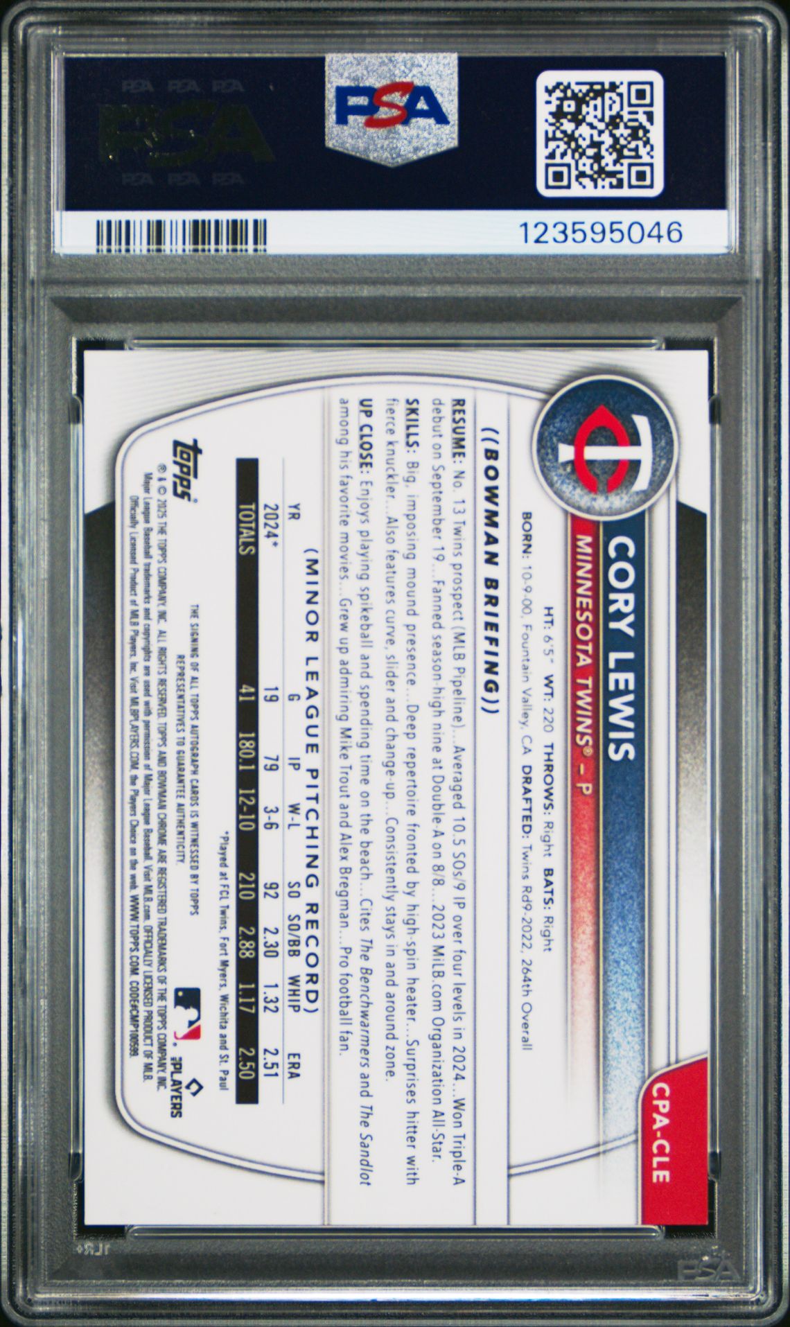 2025 Bowman Chrome Prospect Autographs Cory Lewis #Cpacle Gem Mt 10 back view - PSA certificate #123595046