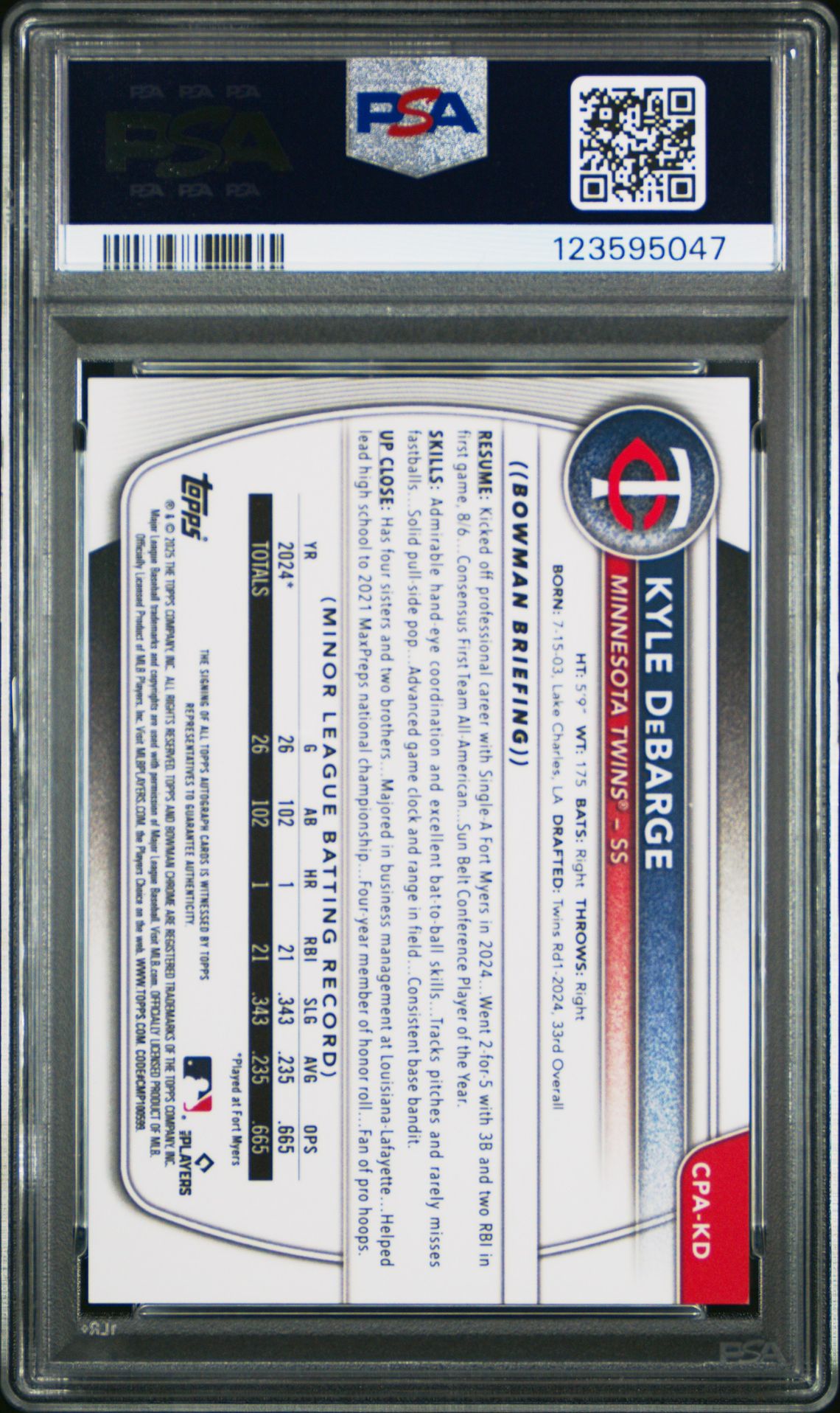 2025 Bowman Chrome Prospect Autographs Kyle Debarge #Cpakd Gem Mt 10 back view - PSA certificate #123595047