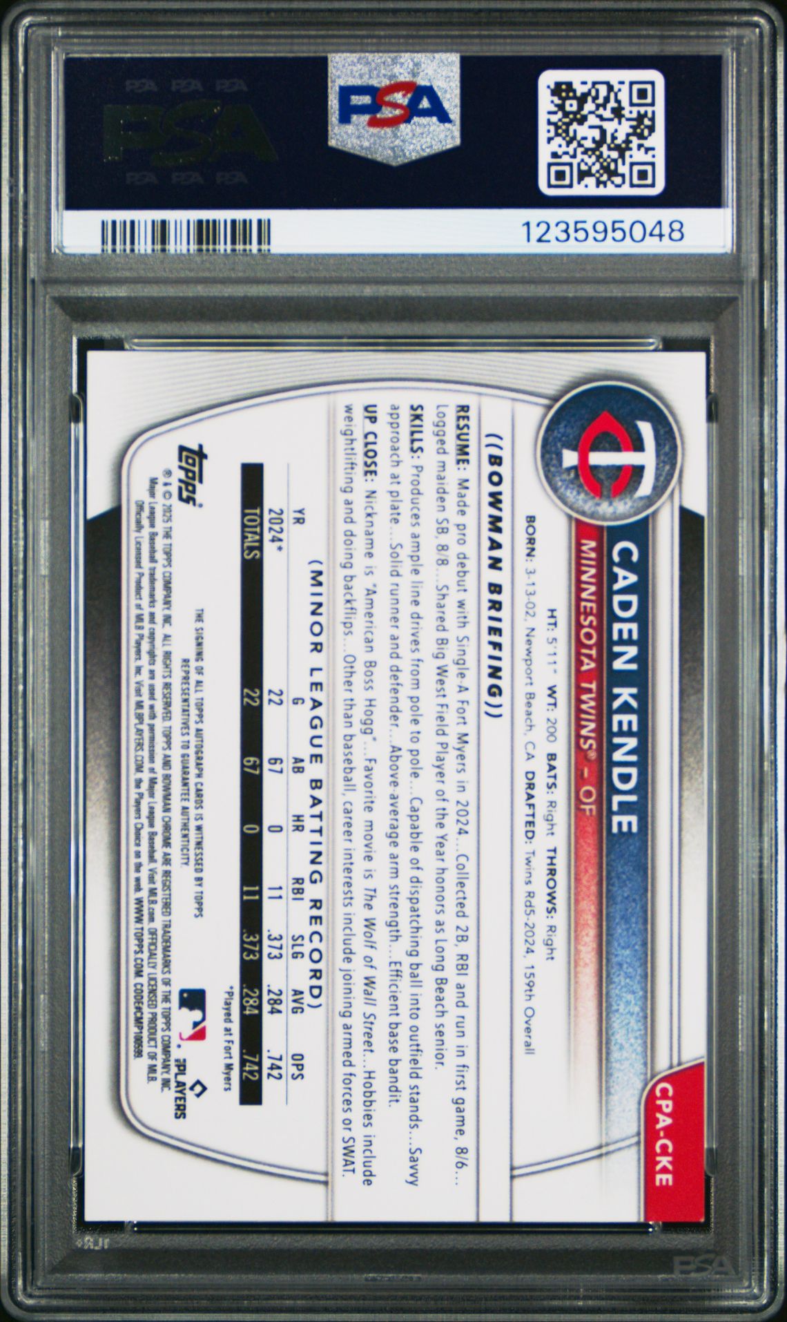 2025 Bowman Chrome Prospect Autographs Caden Kendle #Cpacke Mint 9 back