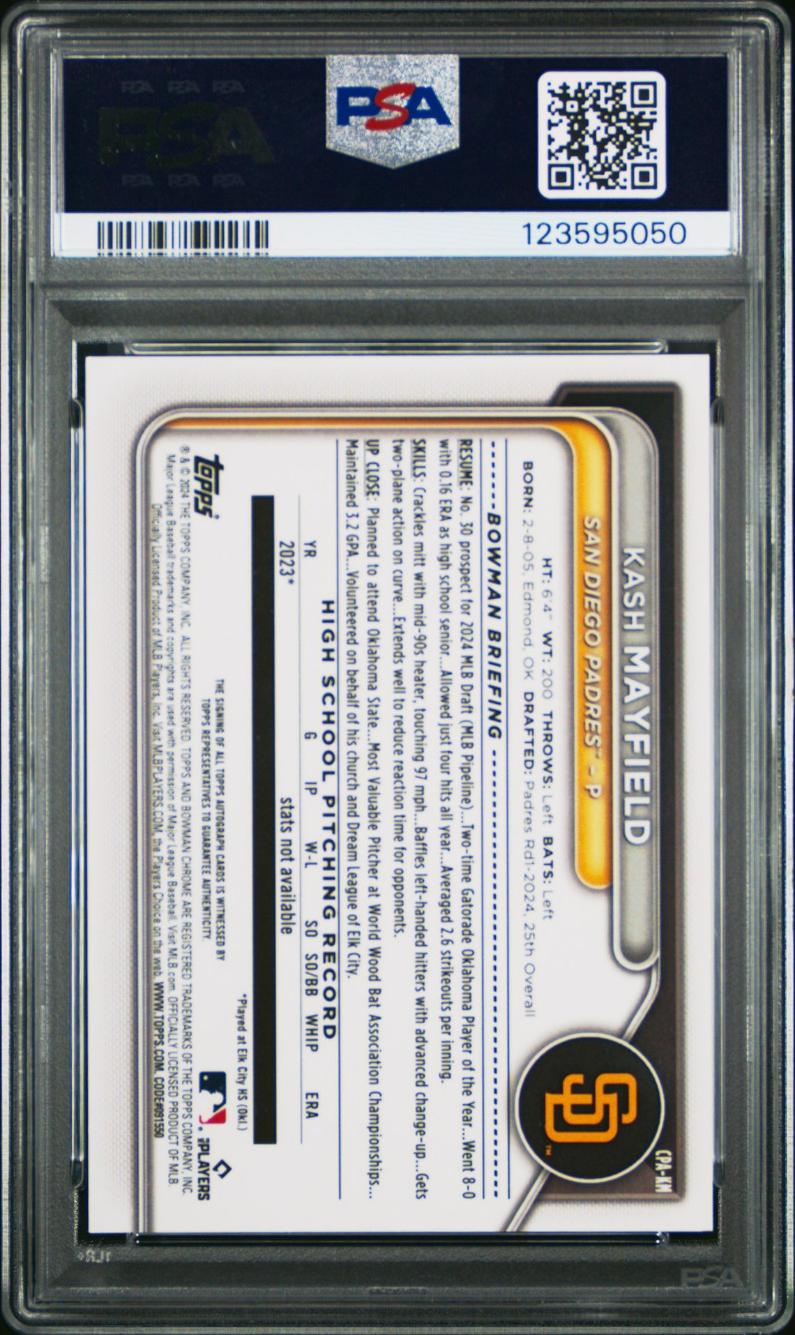 2024 Bowman Draft Chrome Prospect Autographs Kash Mayfield #Cpakm Mint 9 back