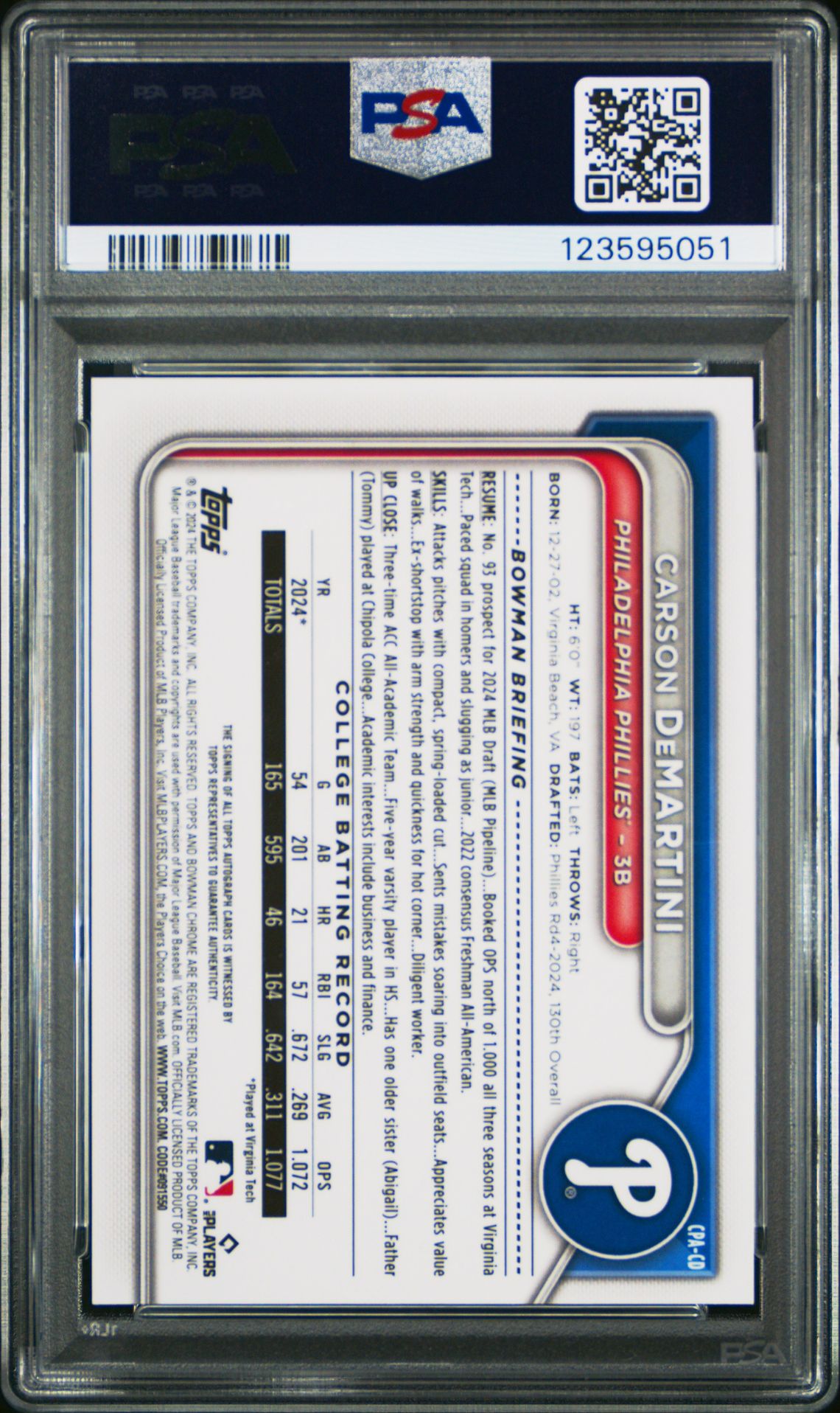 2024 Bowman Draft Chrome Prospect Autographs Carson Demartini #Cpacd Mint 9 back