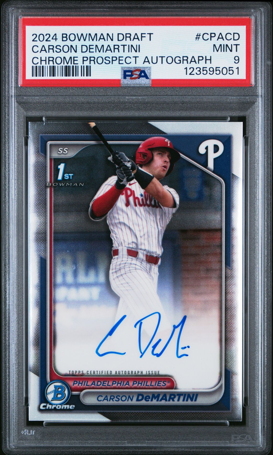 2024 Bowman Draft Chrome Prospect Autographs Carson Demartini #Cpacd Mint 9 front