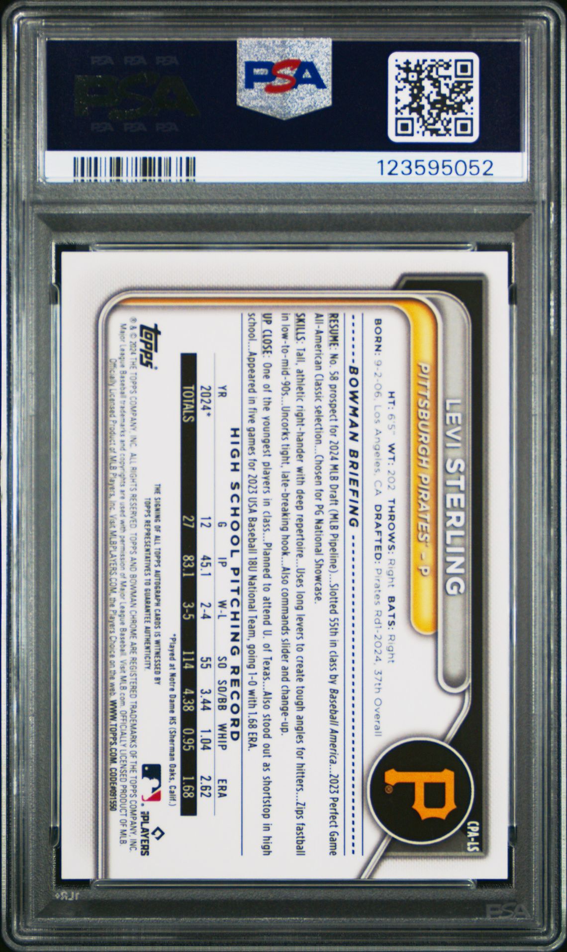 2024 Bowman Draft Chrome Prospect Autographs Levi Sterling #Cpals Gem Mt 10 back