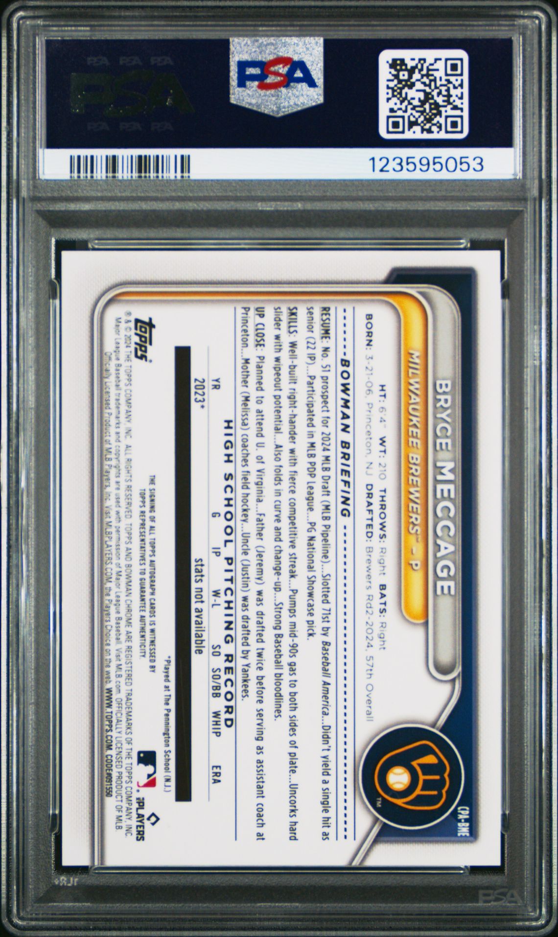 2024 Bowman Draft Chrome Prospect Autographs Bryce Meccage #Cpabme Gem Mt 10 back