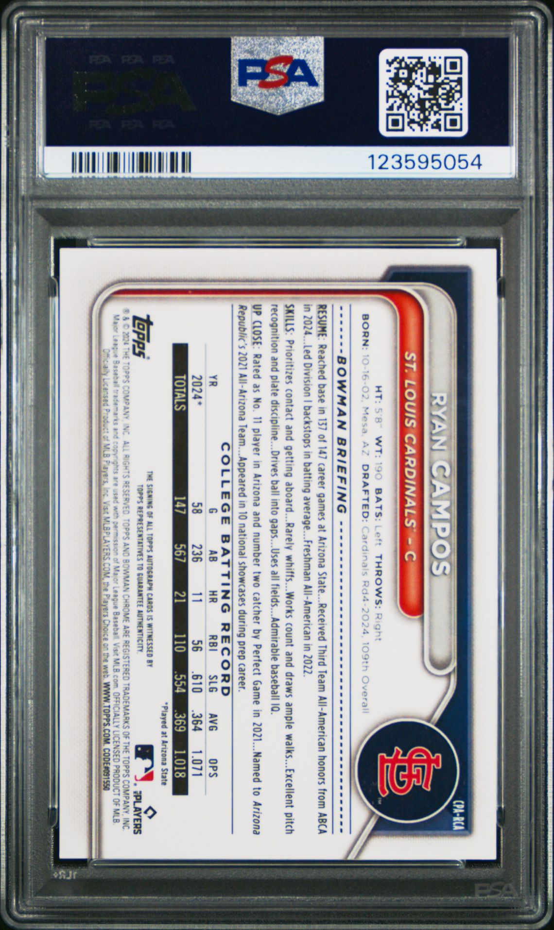 2024 Bowman Draft Chrome Prospect Autographs Ryan Campos #Cparca Mint 9 back