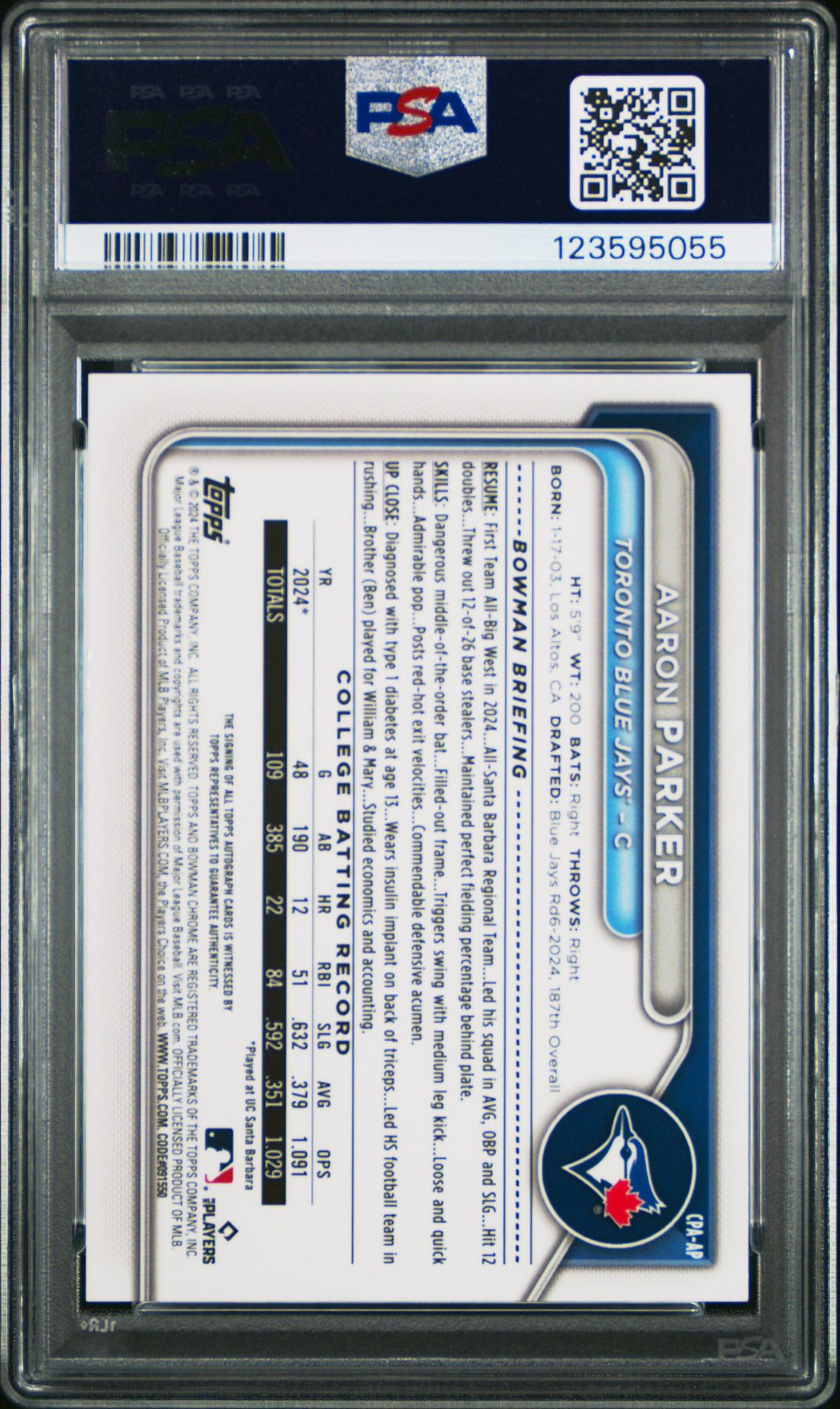 2024 Bowman Draft Chrome Prospect Autographs Aaron Parker #Cpaap Mint 9 back