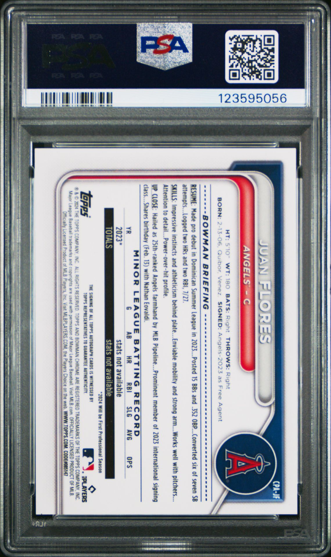2024 Bowman Chrome Prospect Autographs Juan Flores #Cpajf (Prospect Autograph) Gem Mt 10 back
