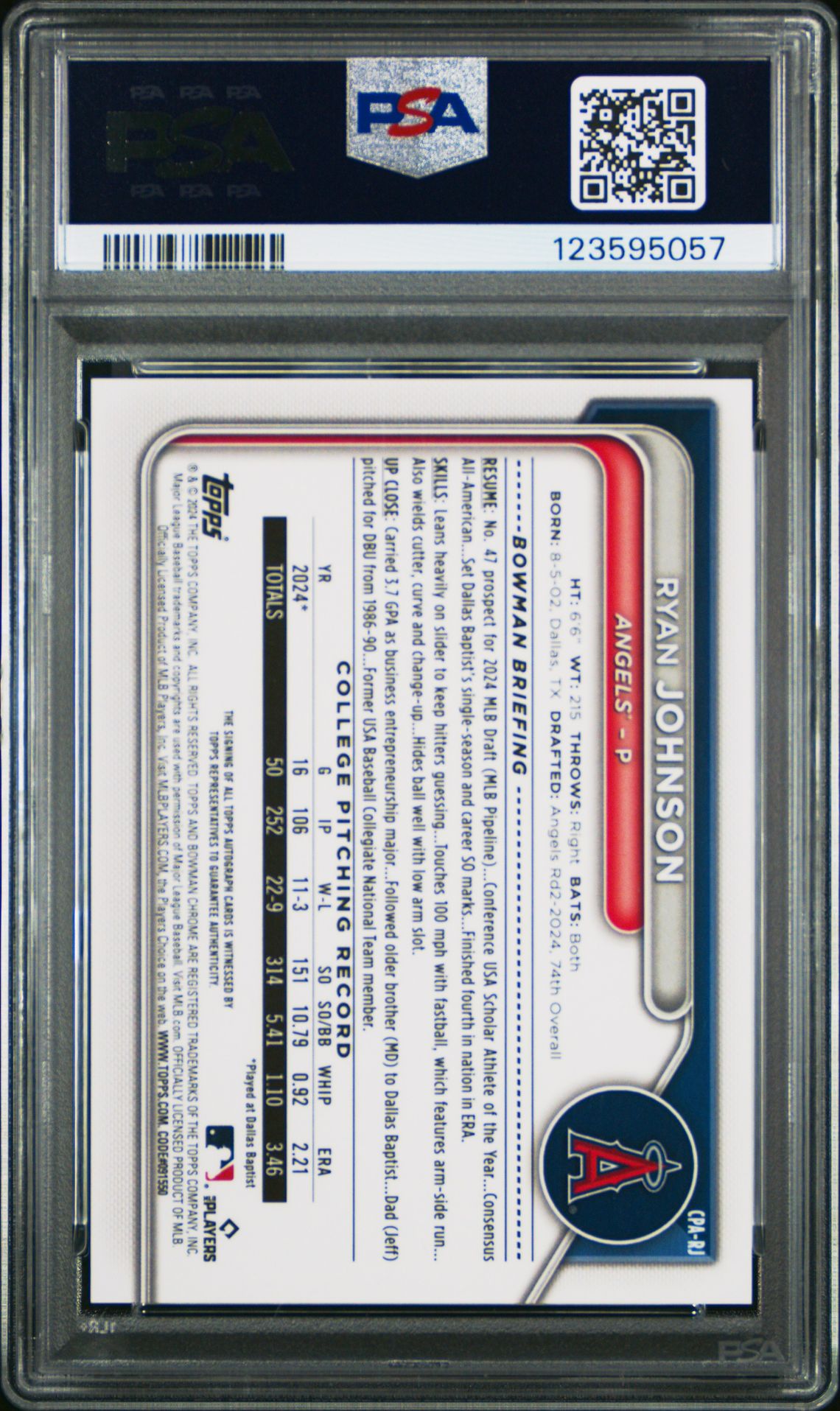 2024 Bowman Draft Chrome Prospect Autographs Ryan Johnson #Cparj Mint 9 back