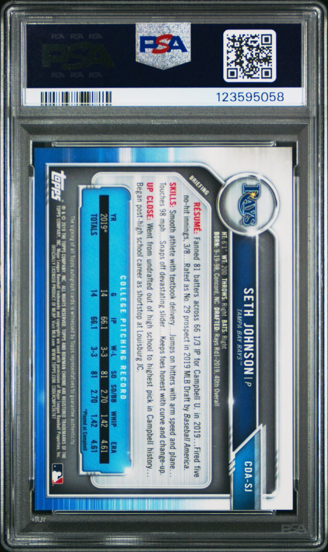 2019 Bowman Draft Chrome Draft Picks Autograph Seth Johnson #Cdasj (Chrome Draft Picks Auto.) Gem Mt 10 back