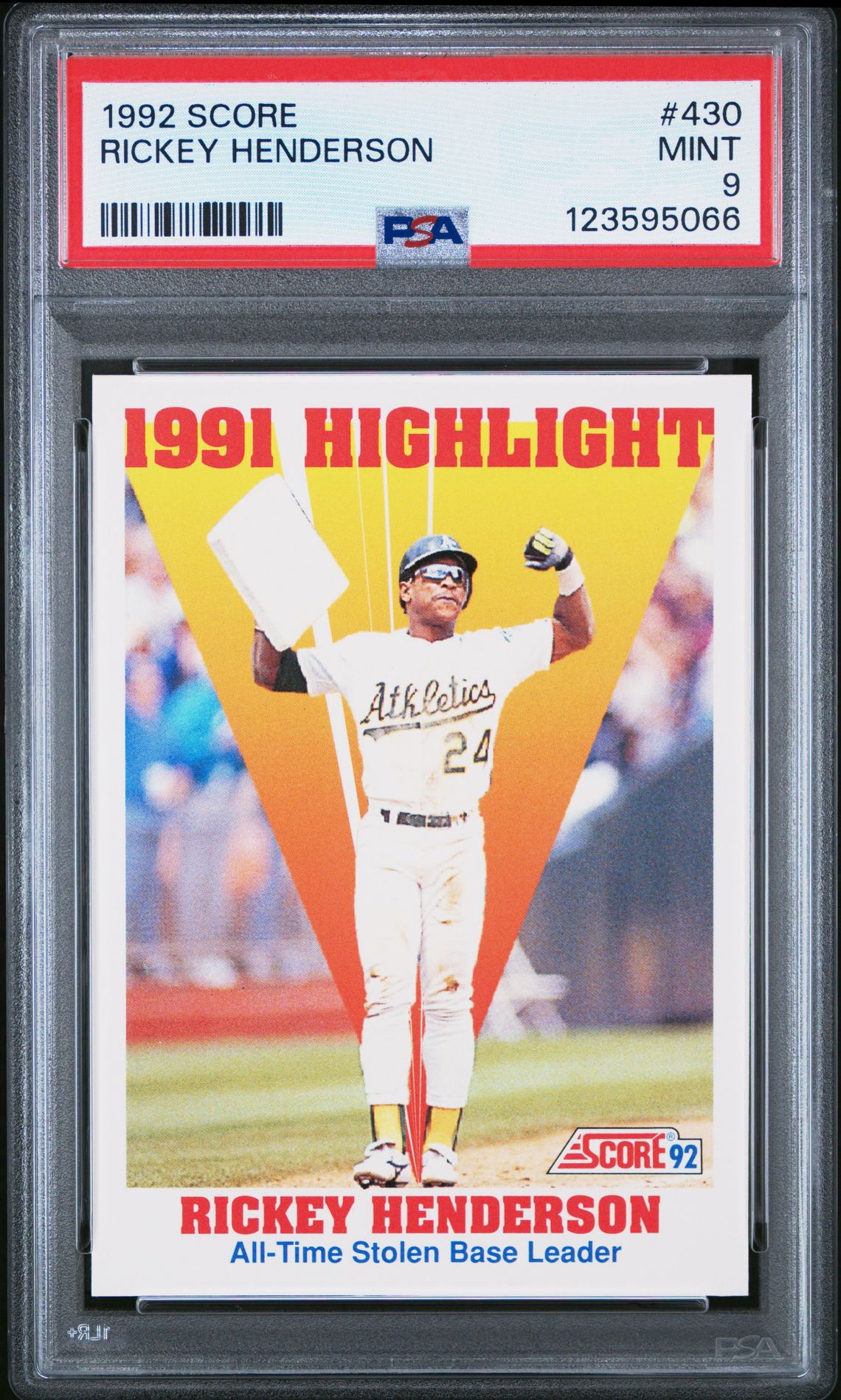 1992 Score Rickey Henderson #430 Mint 9 front