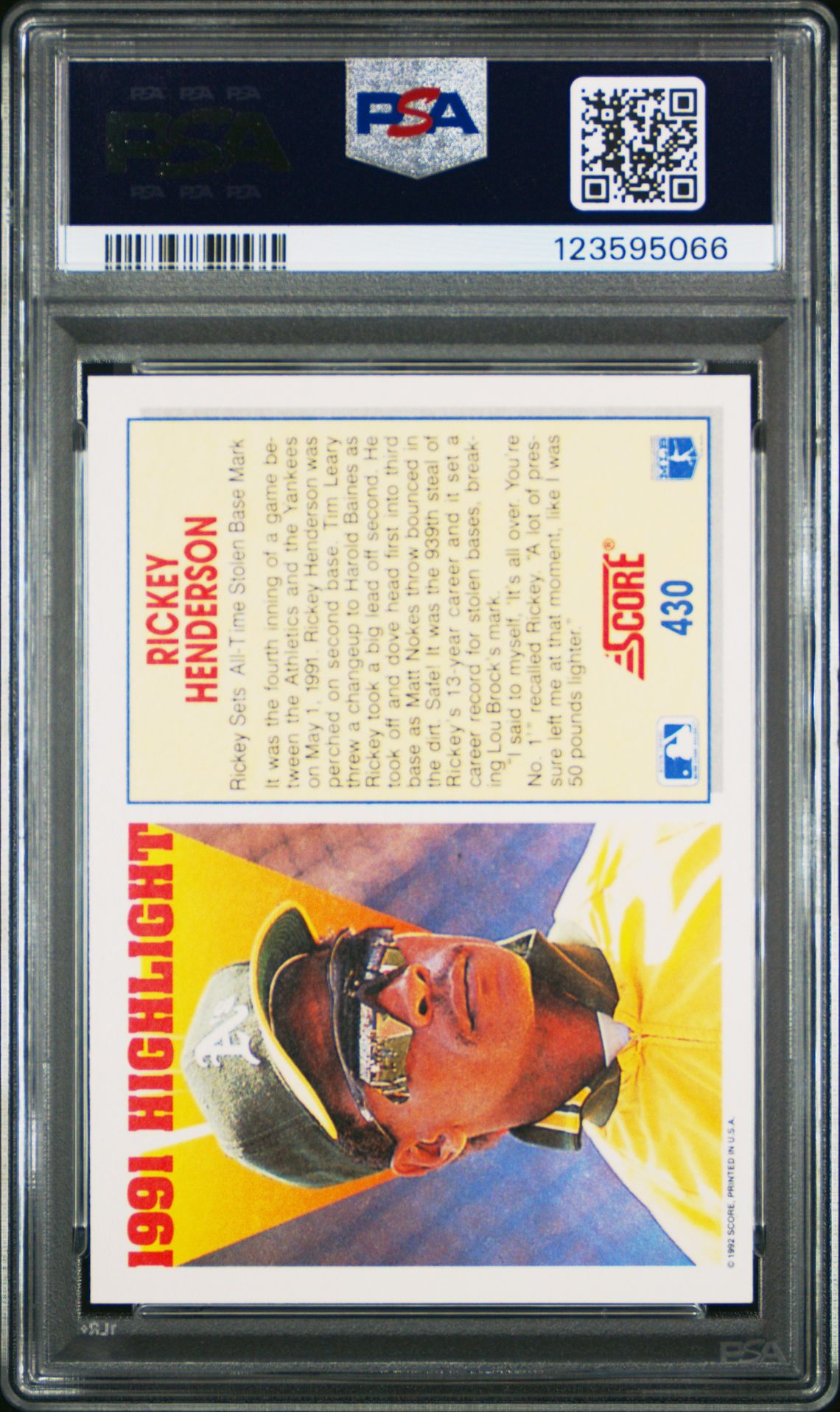 1992 Score Rickey Henderson #430 Mint 9 back