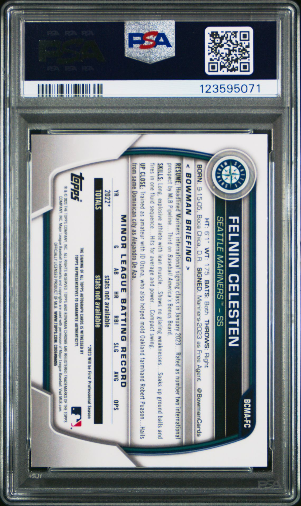 2023 Bowman Chrome Mega Box Autographs Felnin Celesten #Fc (Autograph-Orange Ref) Gem Mt 10 back