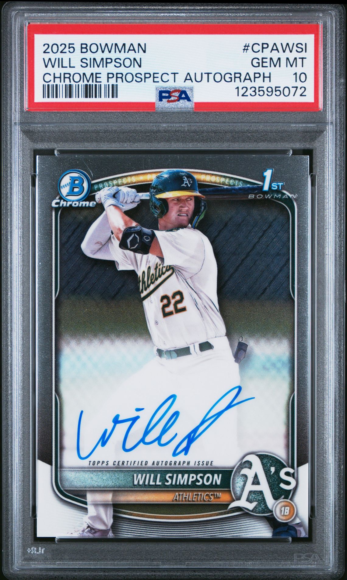 2025 Bowman Chrome Prospect Autographs Will Simpson #Cpawsi Gem Mt 10 front