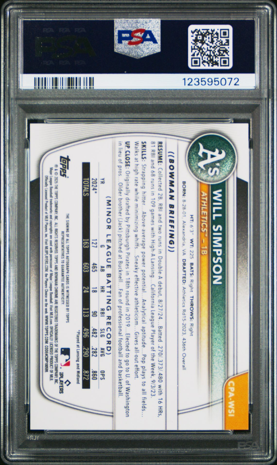 2025 Bowman Chrome Prospect Autographs Will Simpson #Cpawsi Gem Mt 10 back