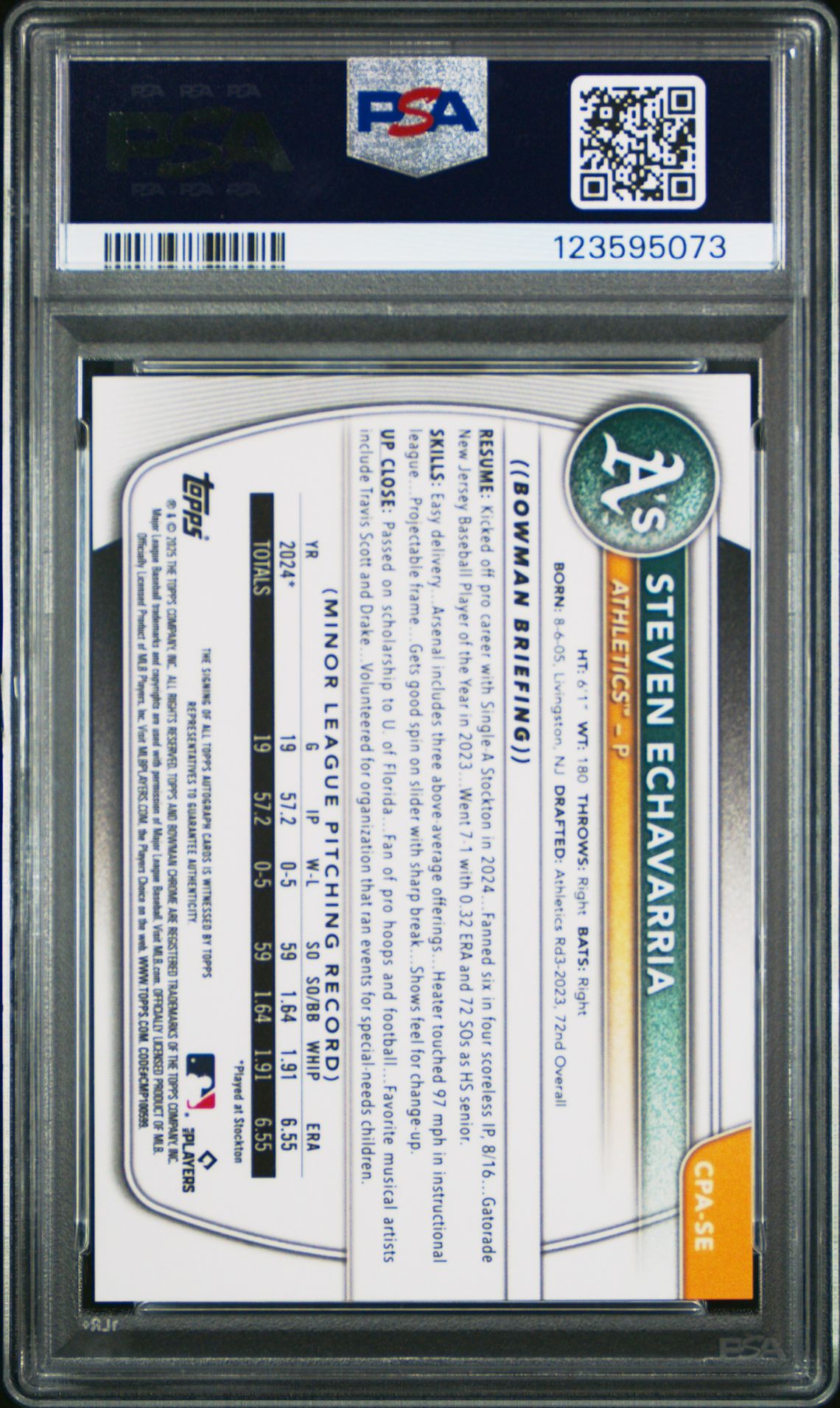 2025 Bowman Chrome Prospect Autographs Steven Echavarria #Cpase Gem Mt 10 back