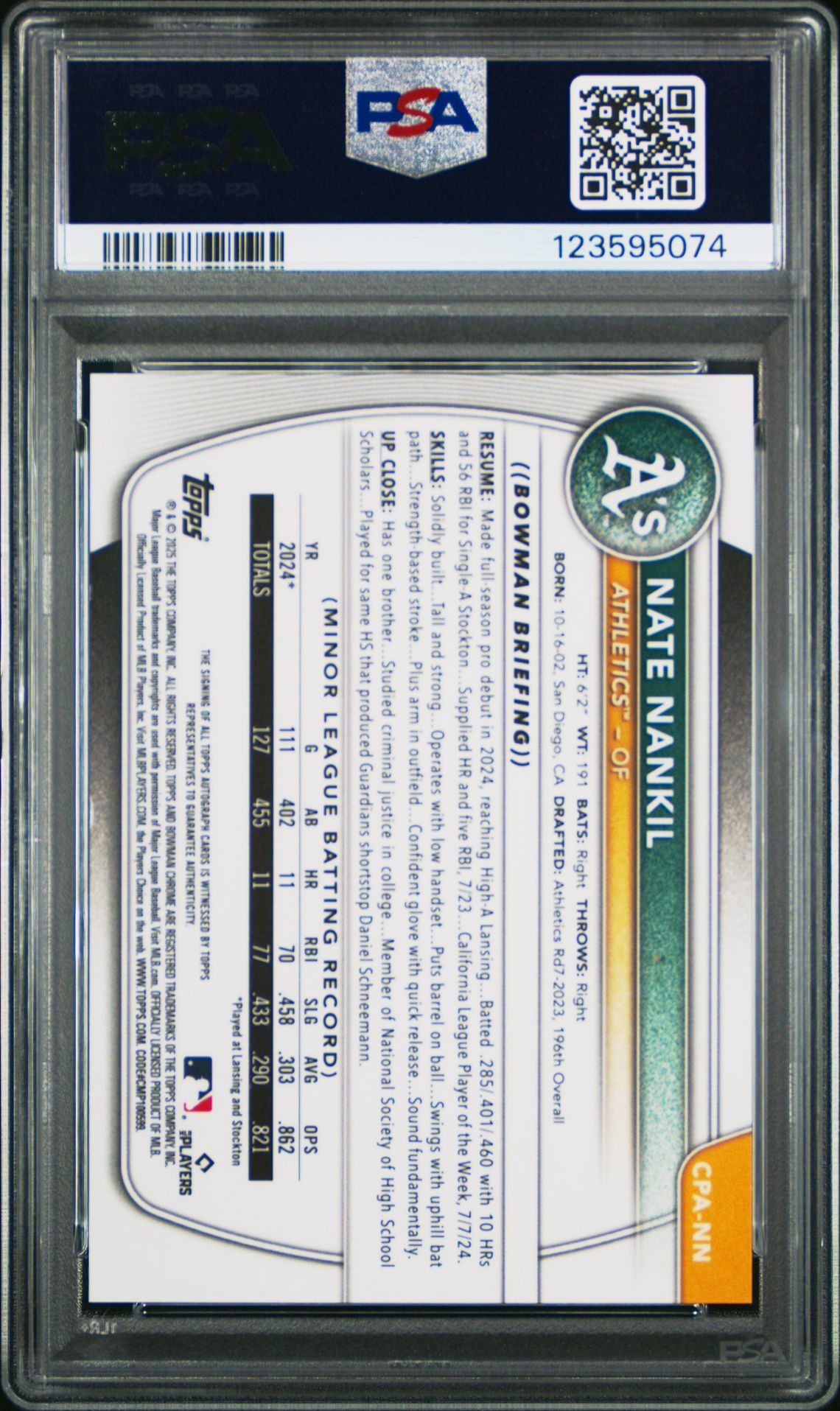 2025 Bowman Chrome Prospect Autographs Nate Nankil #Cpann Gem Mt 10 back