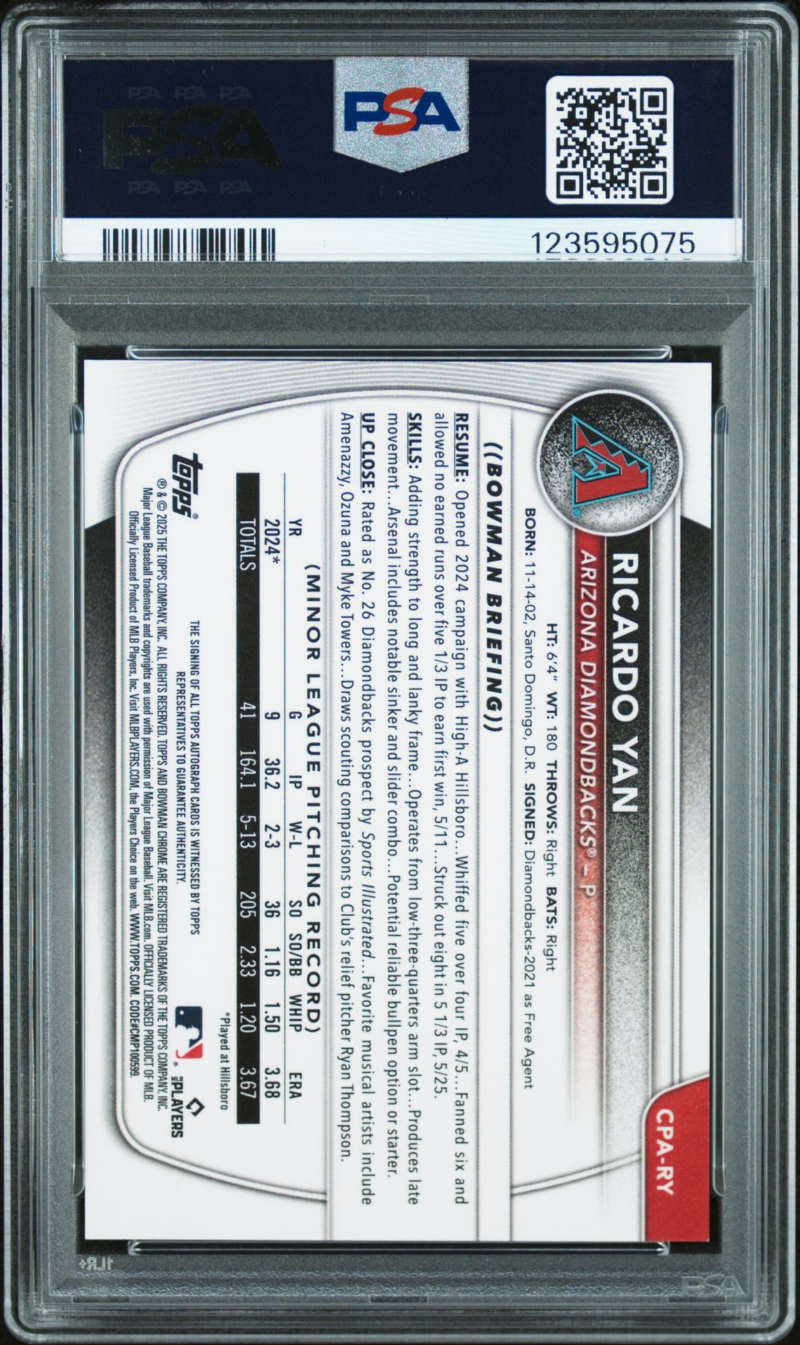 2025 Bowman Chrome Prospect Autographs Ricardo Yan #Cpary Mint 9 back