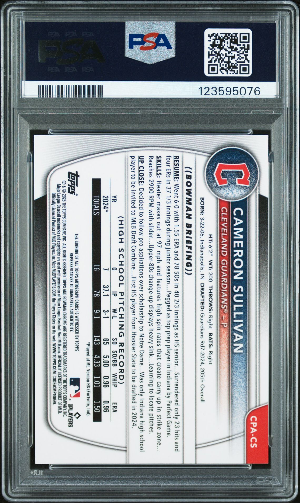 2025 Bowman Chrome Prospect Autographs Cameron Sullivan #Cpacs Gem Mt 10 back
