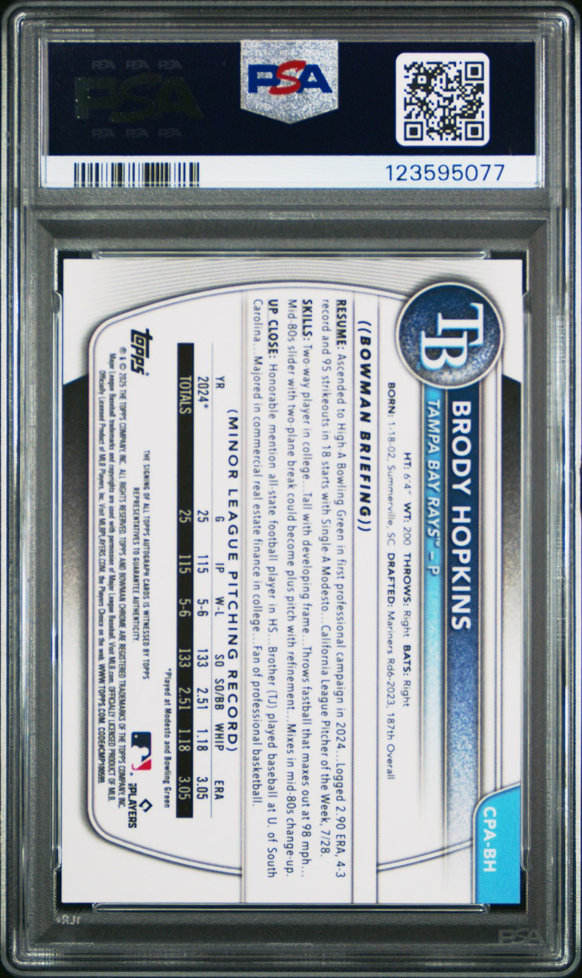 2025 Bowman Chrome Prospect Autographs Brody Hopkins #Cpabh Mint 9 back