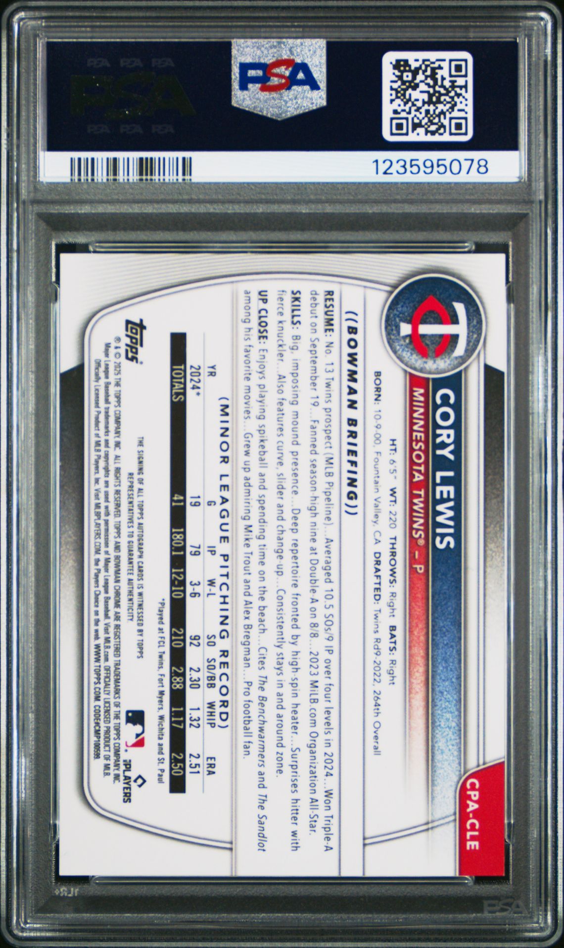 2025 Bowman Chrome Prospect Autographs Cory Lewis #Cpacle Gem Mt 10 back