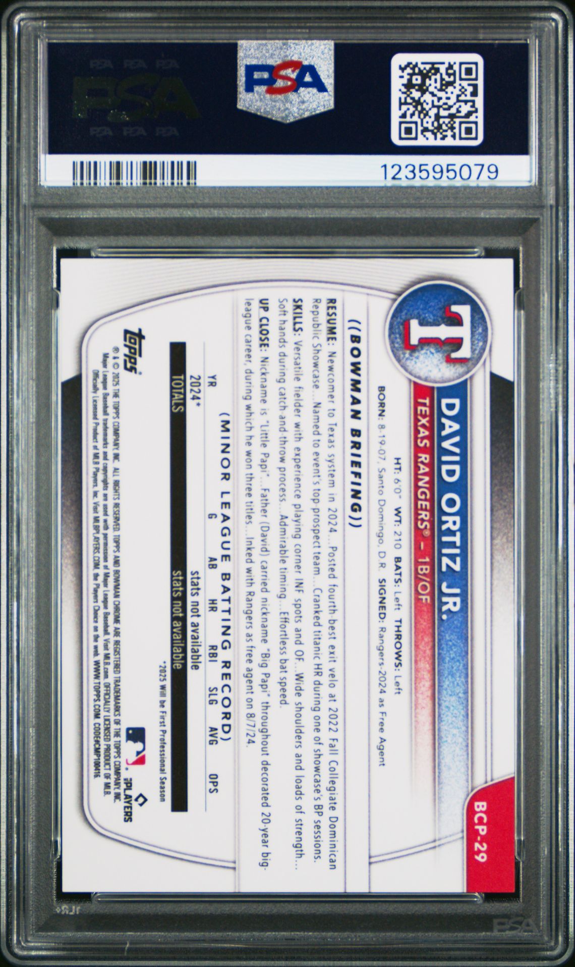 2025 Bowman Chrome Prospects David Ortiz Jr. #Bcp29 (Chr Pros-Yellow X-Fractor) Gem Mt 10 back