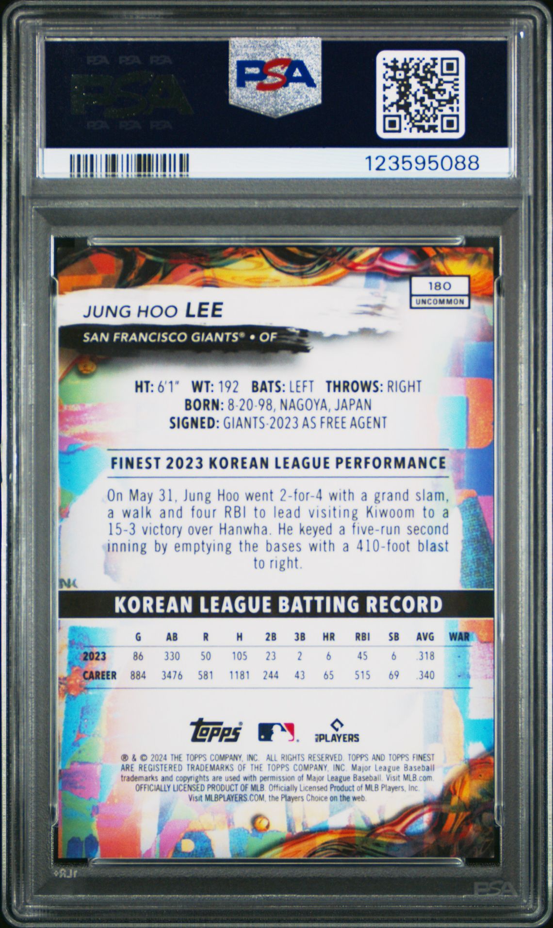 2024 Topps Finest Jung-Hoo Lee #180 (Orange Refractor) Mint 9 back
