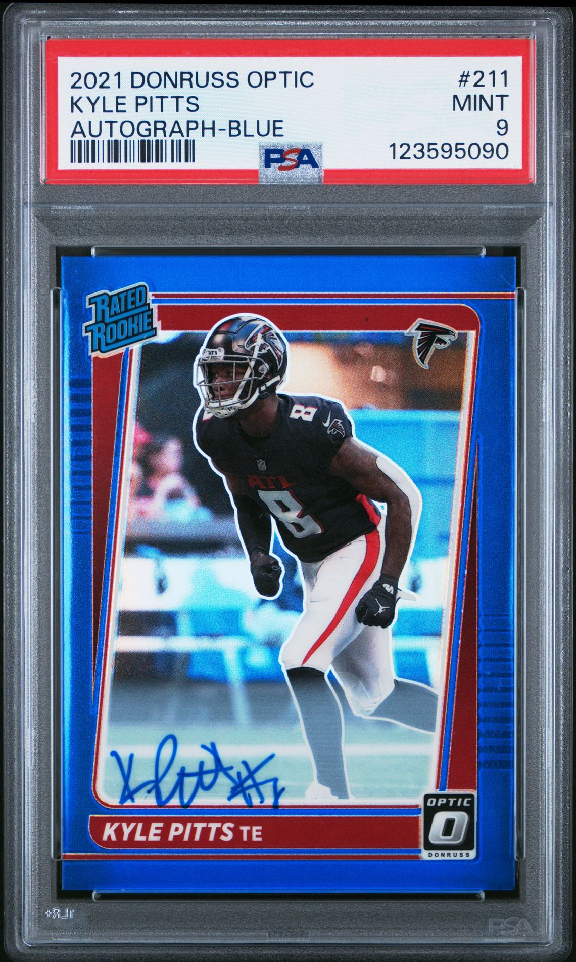 2021 Panini Donruss Optic Kyle Pitts #211 (Autograph-Blue) Mint 9 front