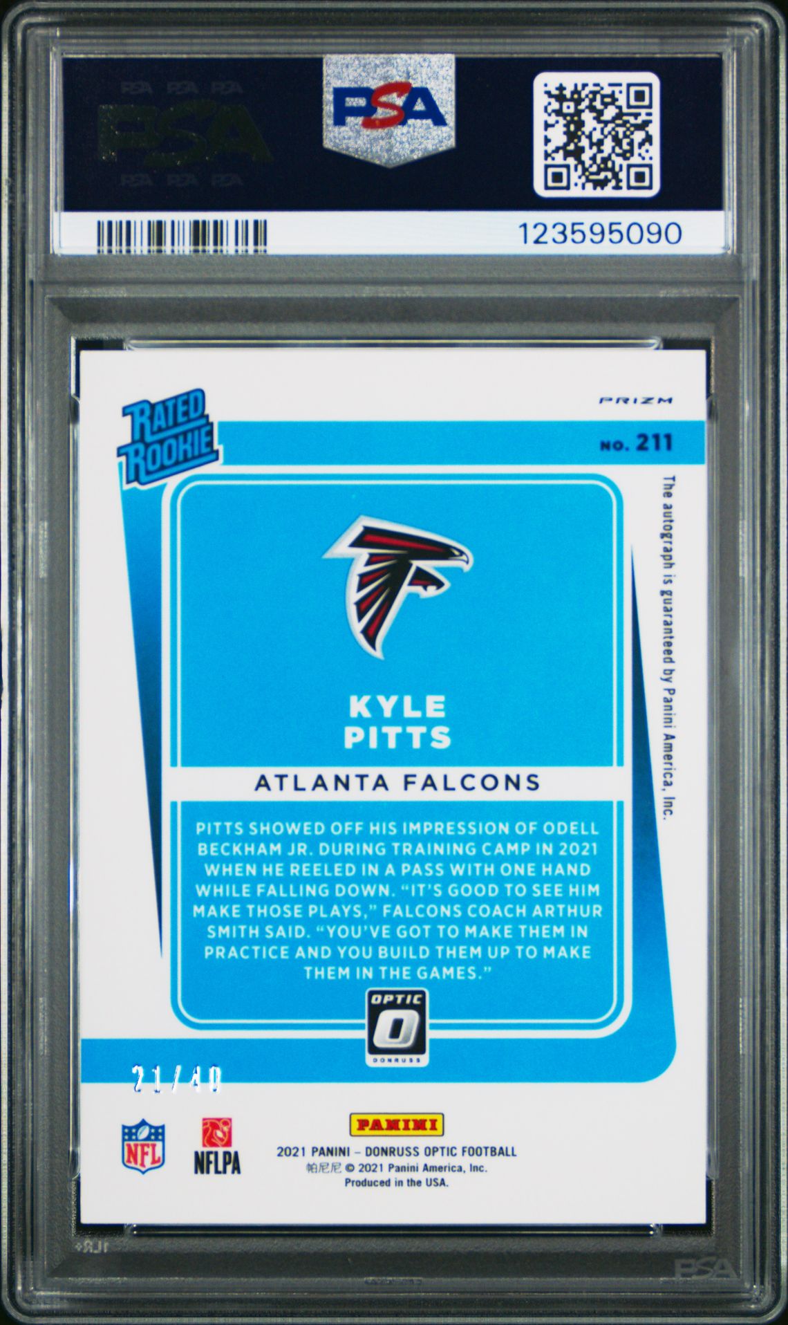 2021 Panini Donruss Optic Kyle Pitts #211 (Autograph-Blue) Mint 9 back