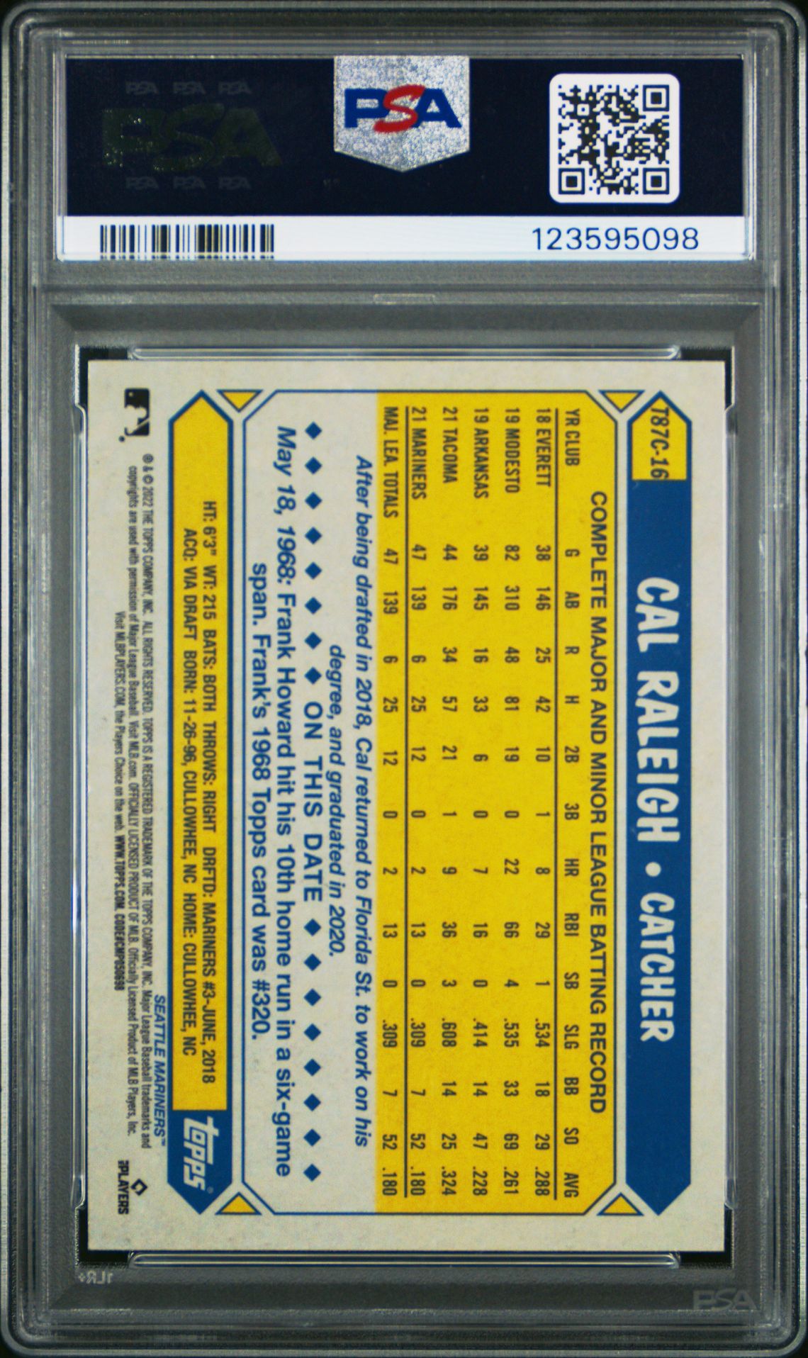 2022 Topps Silver Pack 1987 Chrome Promo Cal Raleigh #T87C16 Gem Mt 10 back