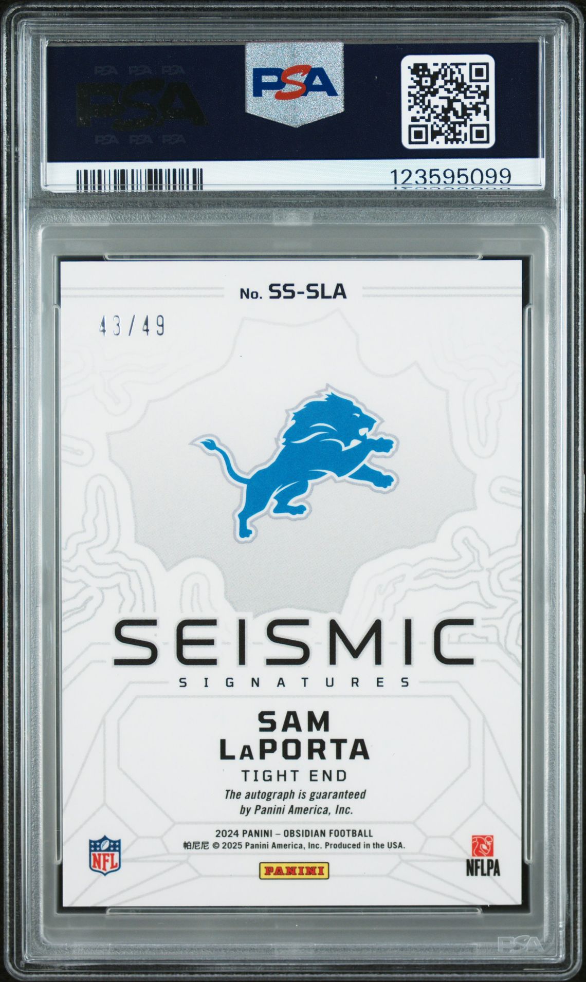 2024 Panini Obsidian Seismic Signatures Sam Laporta #Sssla (Seismic Signature-Purple) Gem Mt 10 back