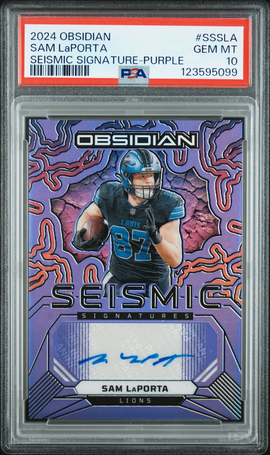 2024 Panini Obsidian Seismic Signatures Sam Laporta #Sssla (Seismic Signature-Purple) Gem Mt 10 front