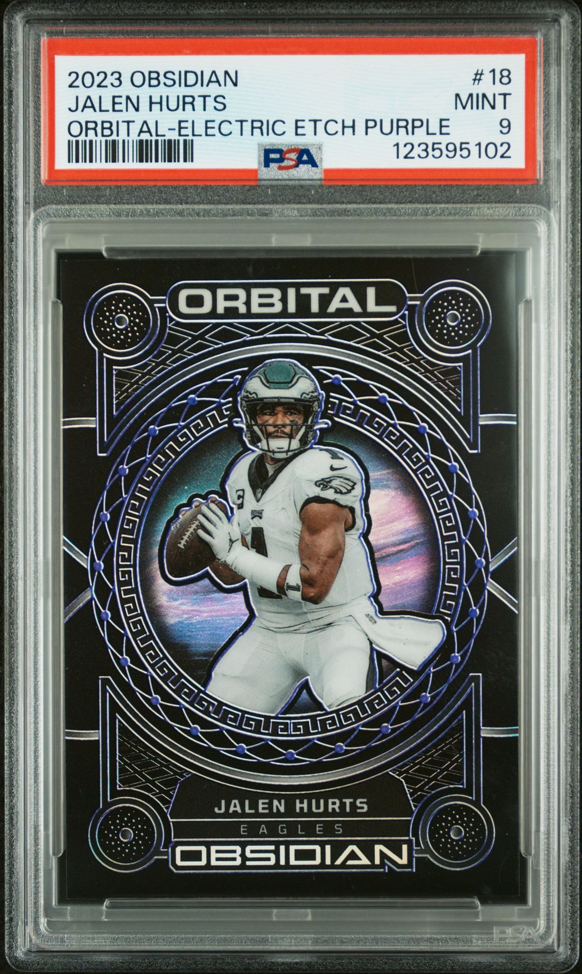2023 Panini Obsidian Orbital Jalen Hurts #18 (Orbital-Electric Etch Purple) Mint 9 front