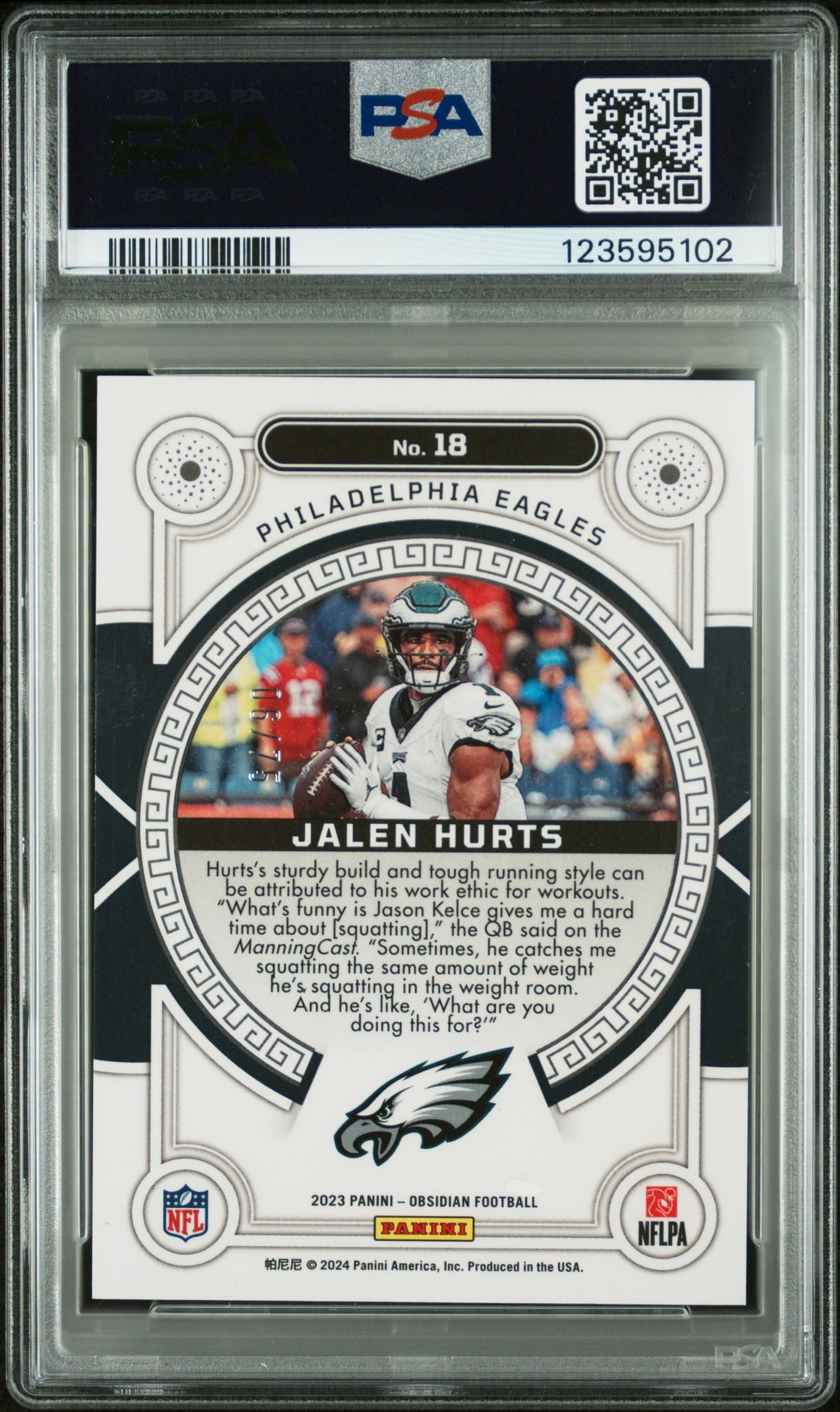 2023 Panini Obsidian Orbital Jalen Hurts #18 (Orbital-Electric Etch Purple) Mint 9 back