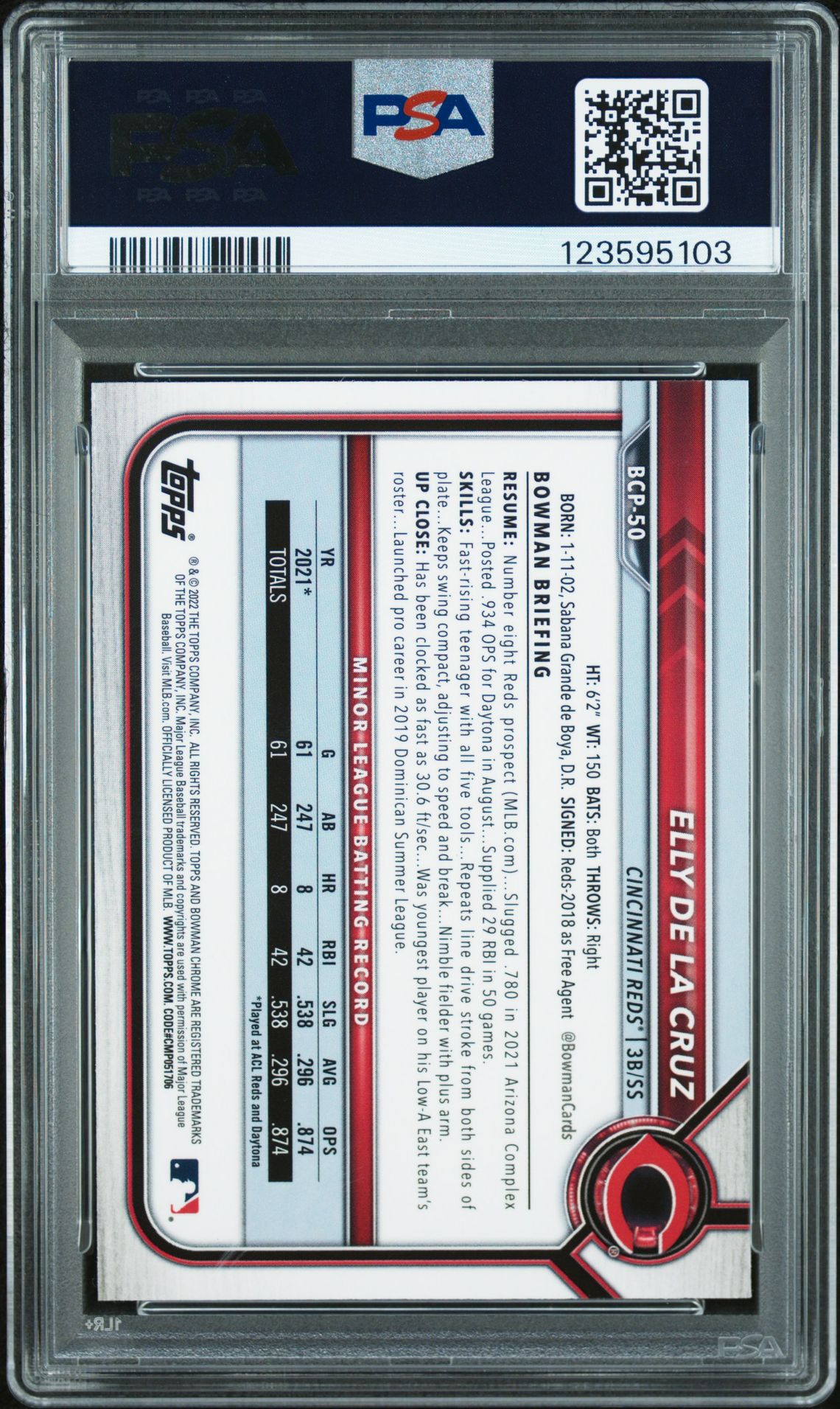 2022 Bowman Chrome Prospects Elly De La Cruz #Bcp50 (Chrome Prospects) Gem Mt 10 back