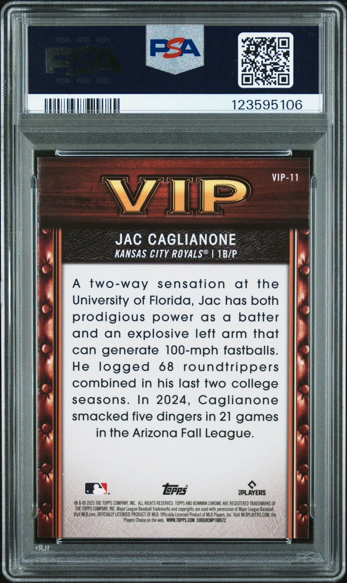 2025 Bowman Very Important Prospects Jac Caglianone #Vip11 Mint 9 back