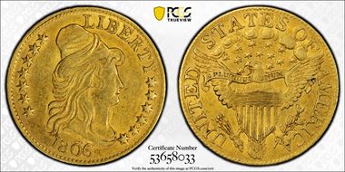 1806 $5 Knobbed 6, 7x6 Stars AU58