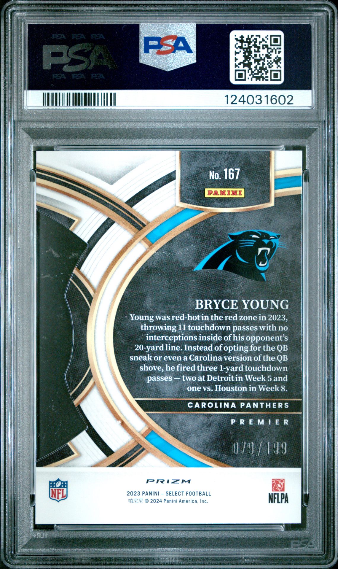 2023 Panini Select Bryce Young #167 (Die-Cut White Prizm) Gem Mt 10 back view - PSA certificate #124031602