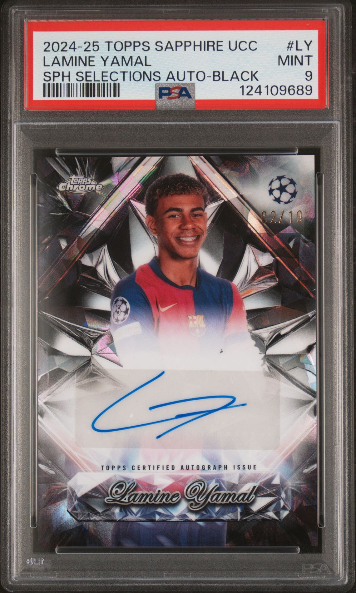 2024-25 Topps Chrome TOPPS CHROME SAPPHIRE EDITION UEFA CLUB COMPETITIONS SAPPHIRE SELECTIONS AUTOGRAPHS BLACK #LY Lamine Yamal front