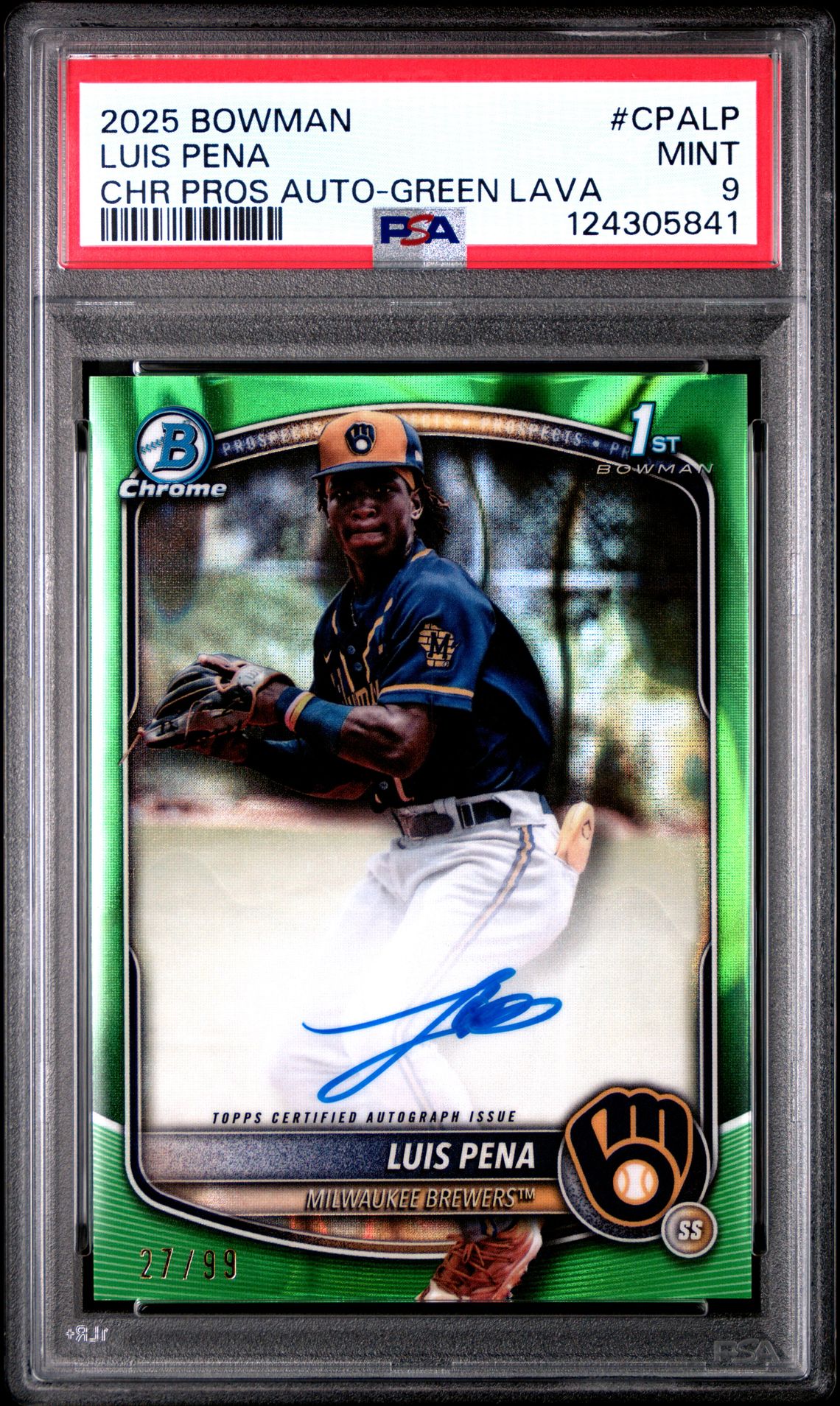 2025 Bowman BOWMAN CHROME PROSPECT AUTOGRAPHS CHR PROS AUTO-GREEN LAVA #CPALP Luis Pena front