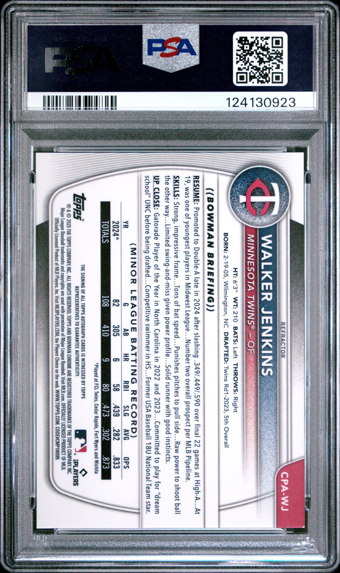 2025 Bowman Chrome Prospect Autographs Walker Jenkins #Cpawj (Chrome Prospect Auto-Ref) Mint 9 back