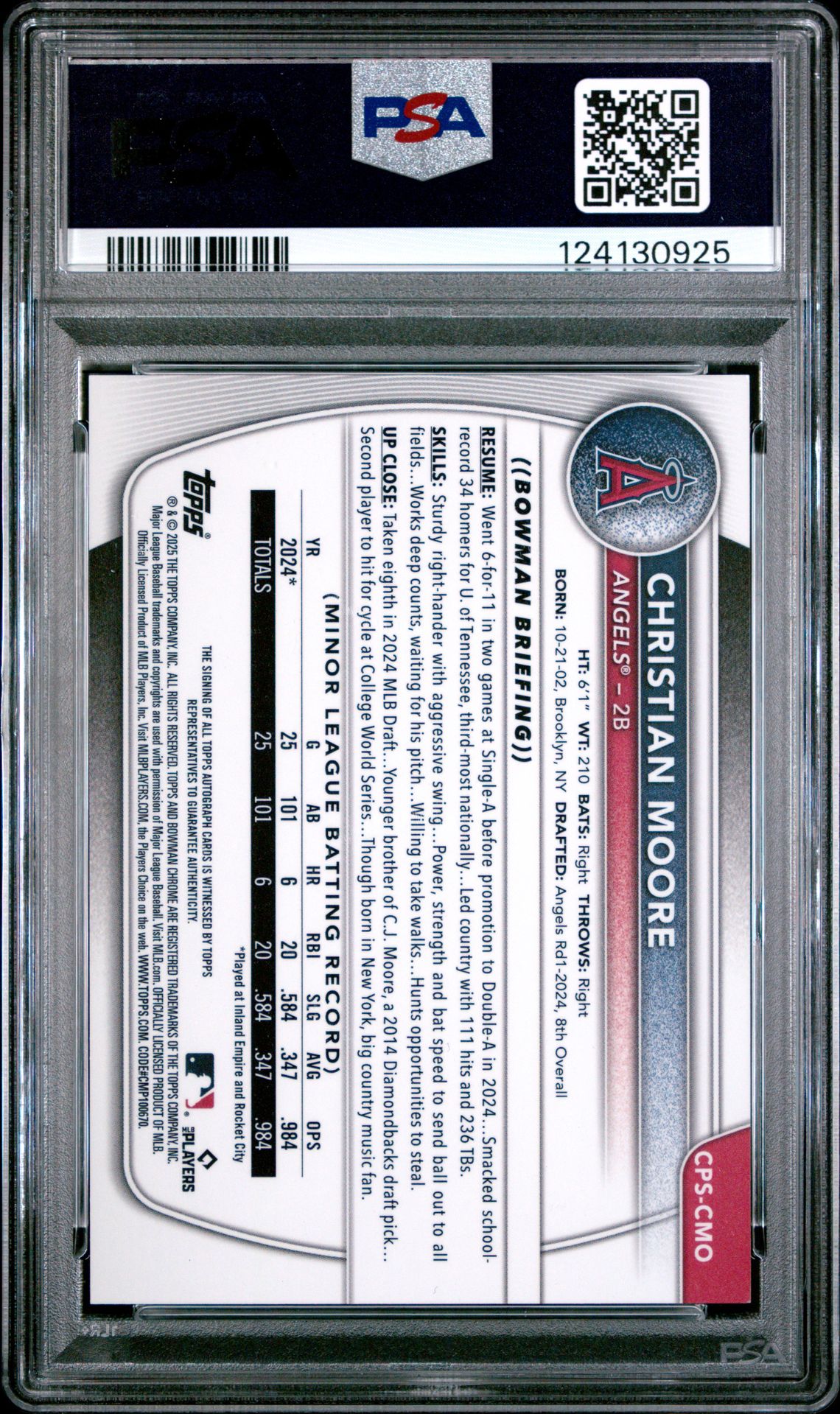 2025 Bowman Sapphire Edition Chrome Prospects Sapphire Autographs Christian Moore #Cpscmo (Chrome Prospect Autograph) Mint 9 back