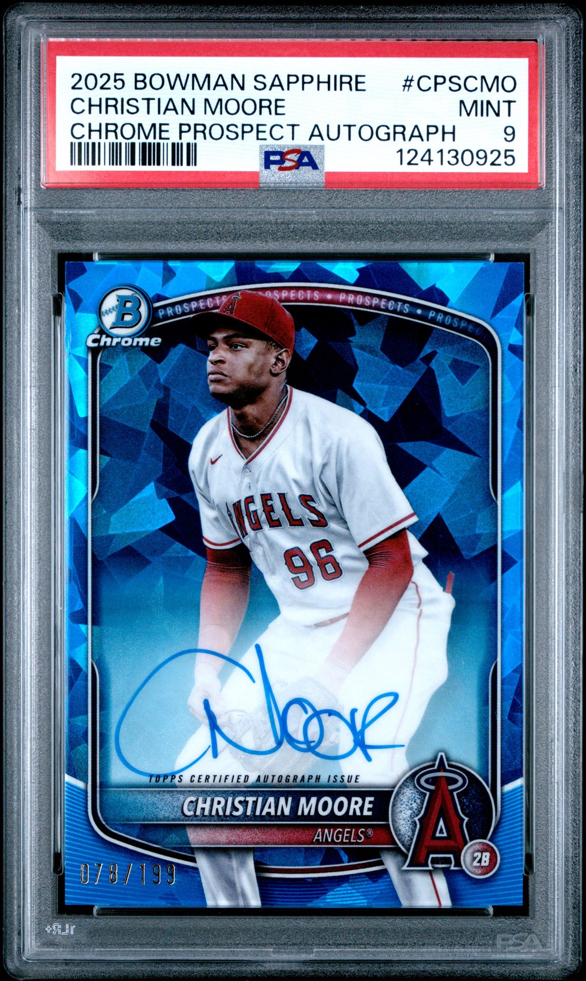 2025 Bowman Sapphire Edition Chrome Prospects Sapphire Autographs Christian Moore #Cpscmo (Chrome Prospect Autograph) Mint 9 front