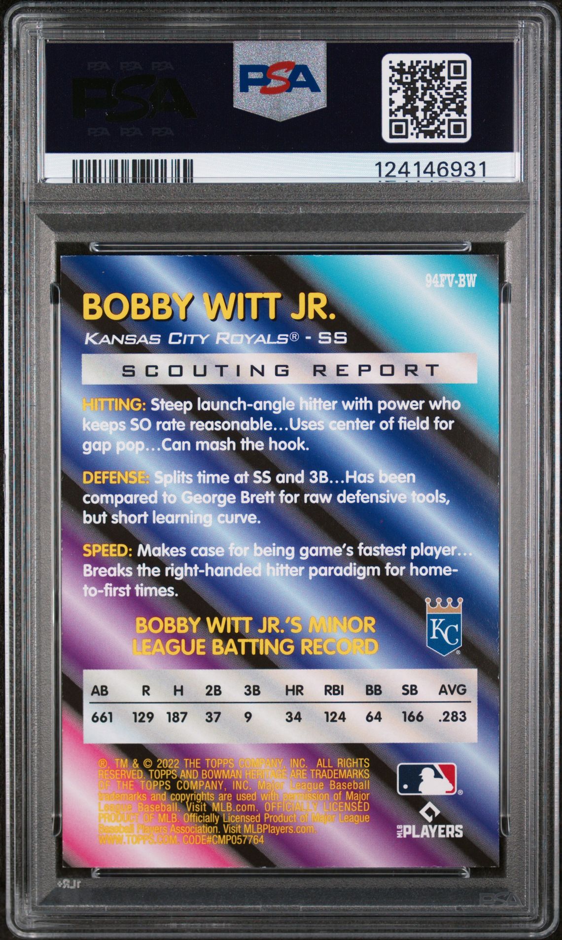 2022 Bowman Heritage Base Foil Variations Bobby Witt Jr. #94Fvbw (Base Foil Variations) Mint 9 back