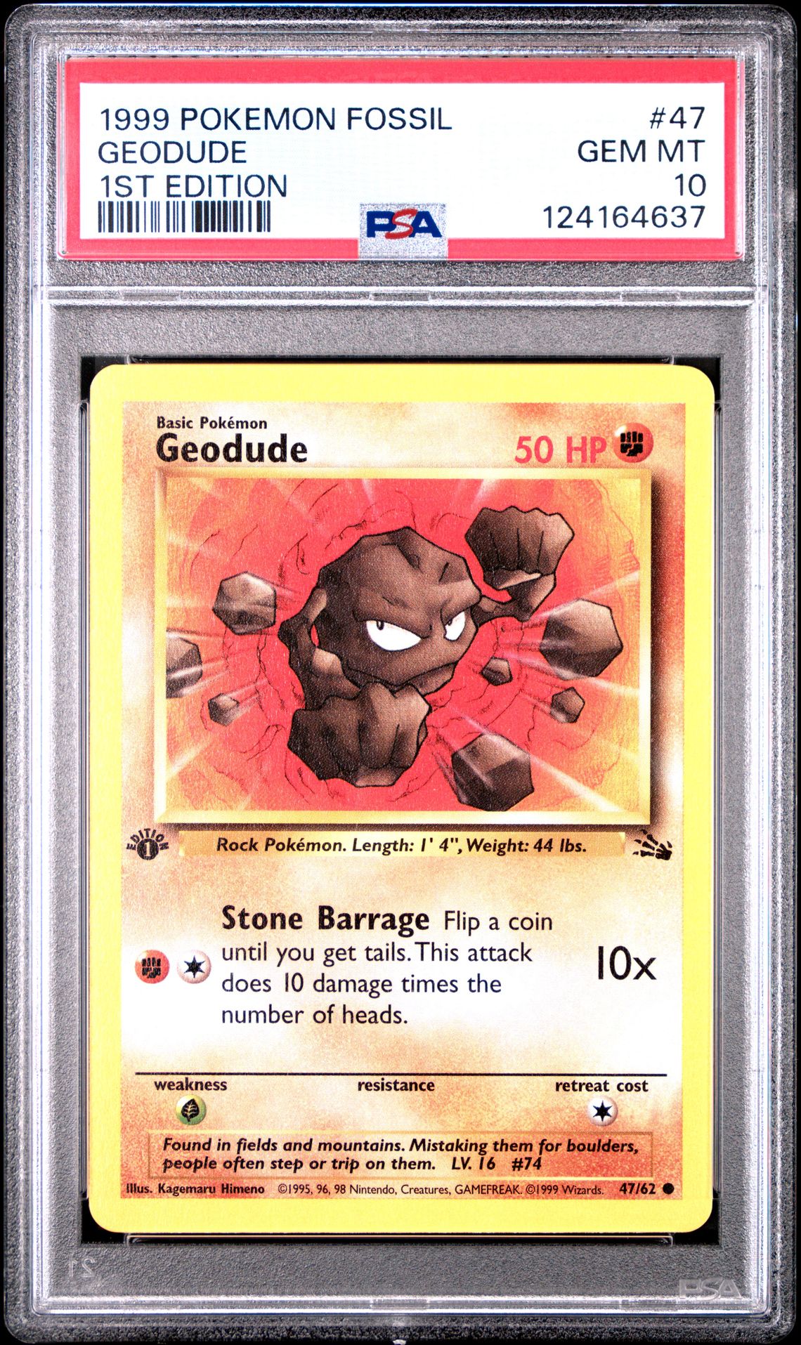 1999 Pokemon Fossil Geodude #47 (1St Edition) Gem Mt 10 front