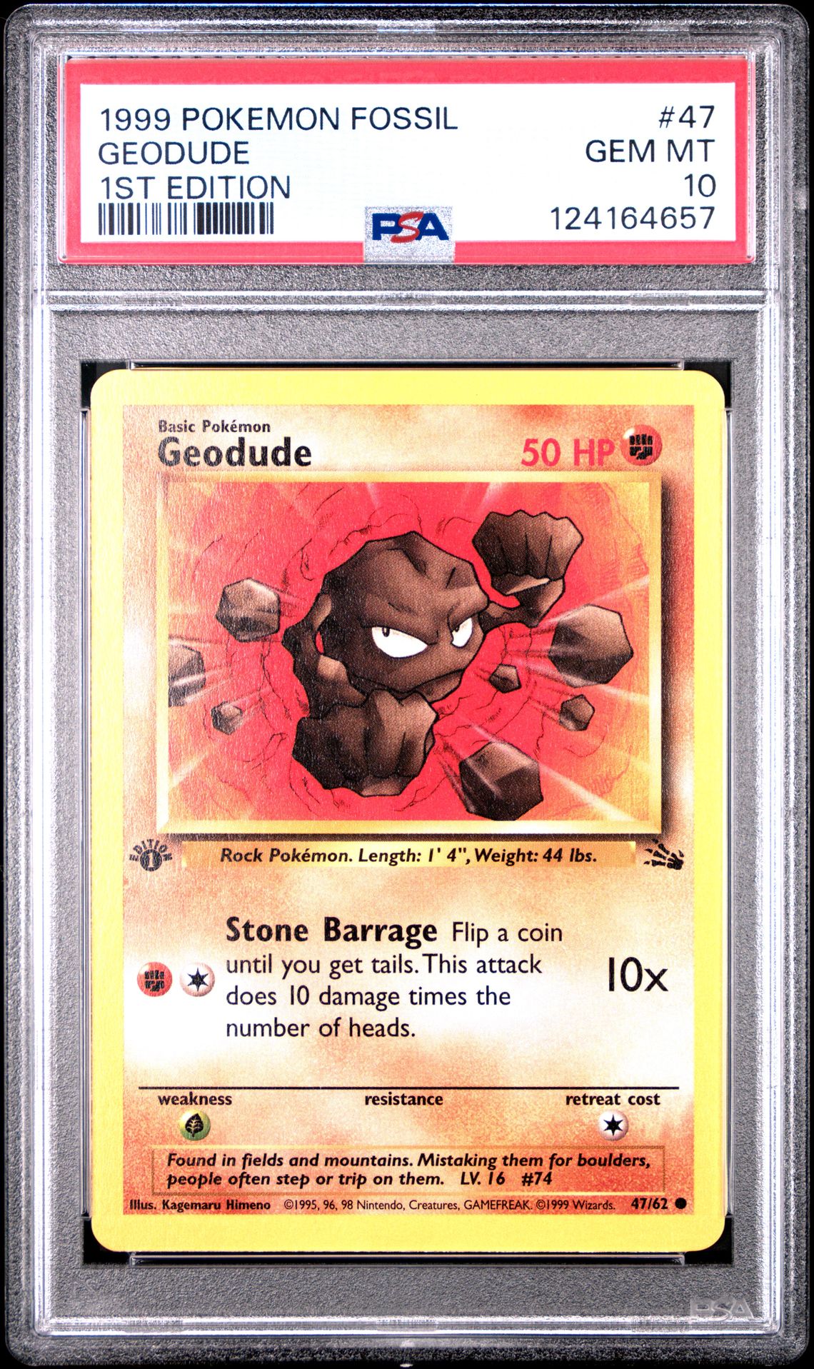 1999 Pokemon Fossil Geodude #47 (1St Edition) Gem Mt 10 front